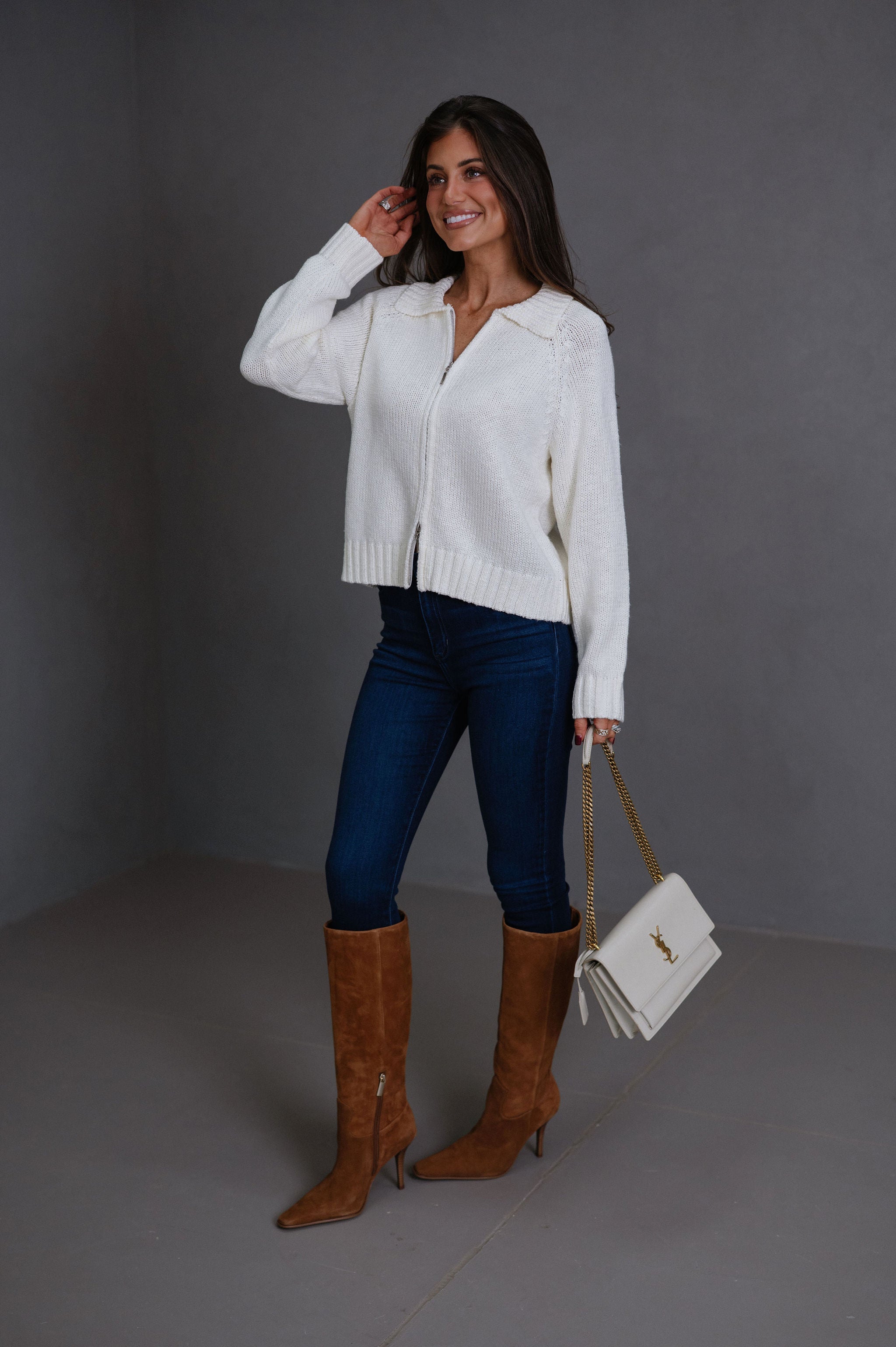 Riya Zip Up Knit Sweater-Cream