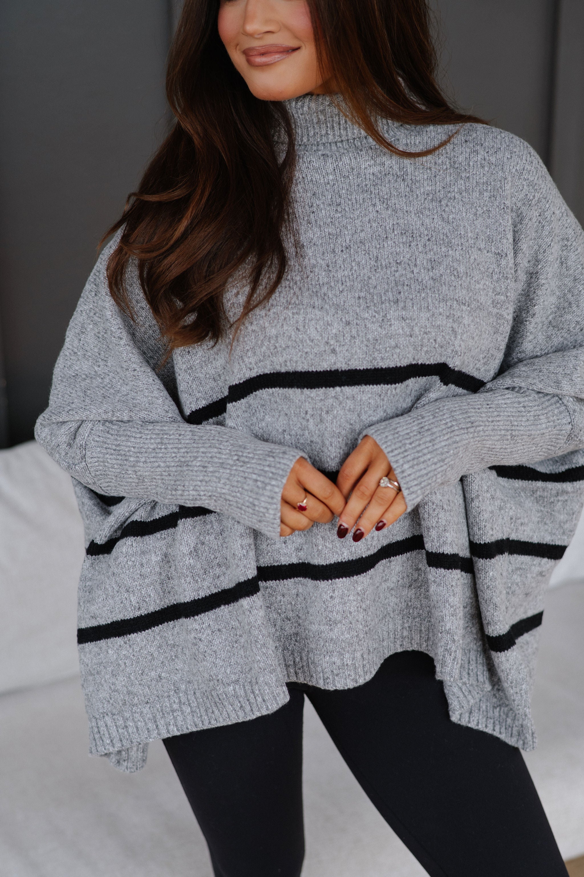 Striped Oversized Turtleneck Sweater-Grey