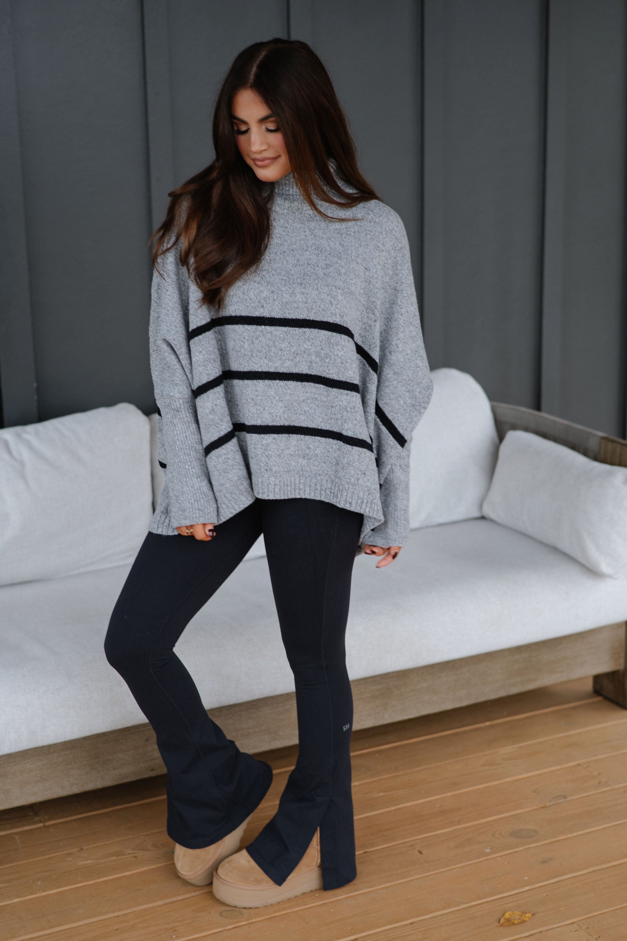 Striped Oversized Turtleneck Sweater-Grey