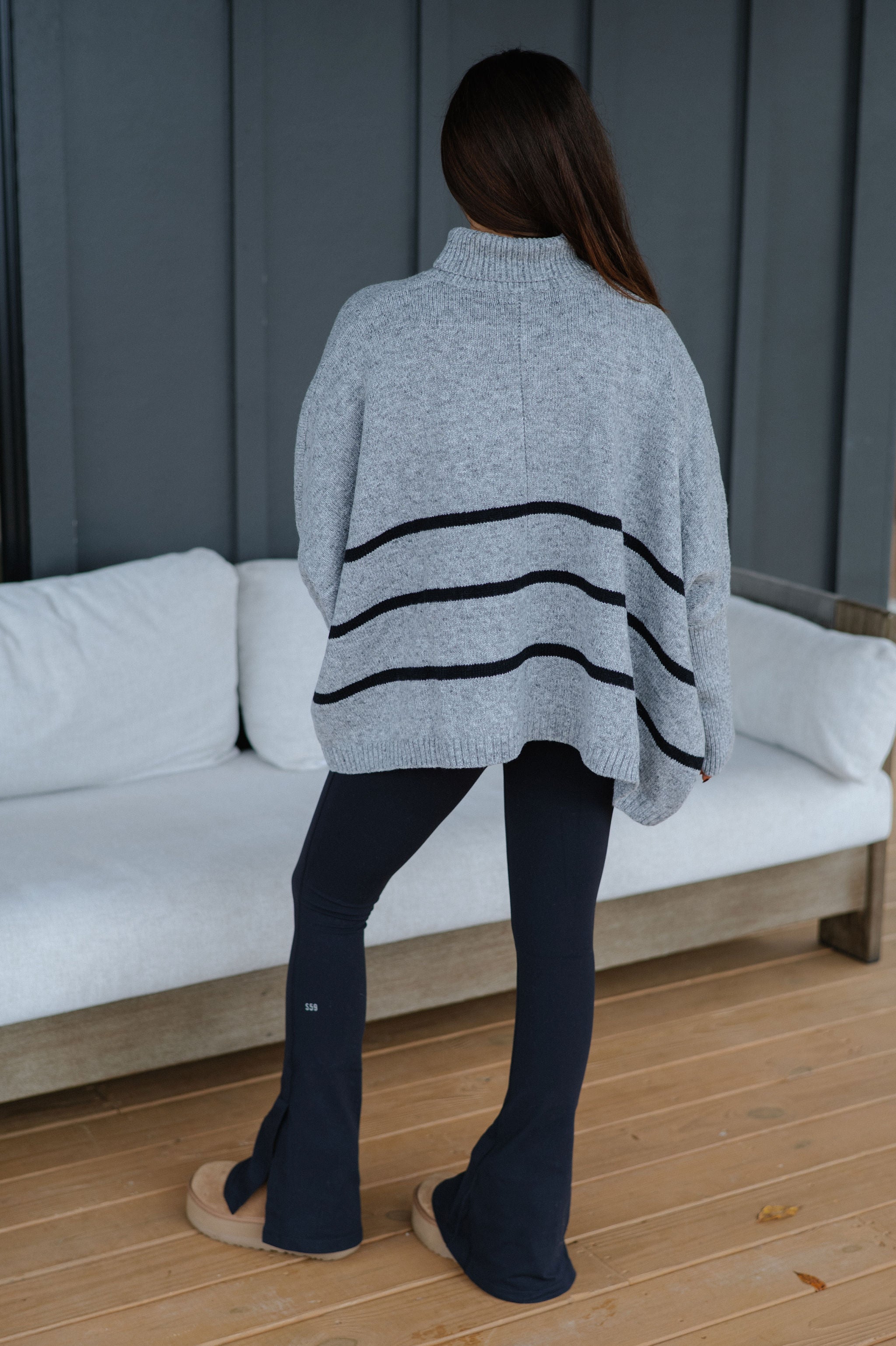 Striped Oversized Turtleneck Sweater-Grey