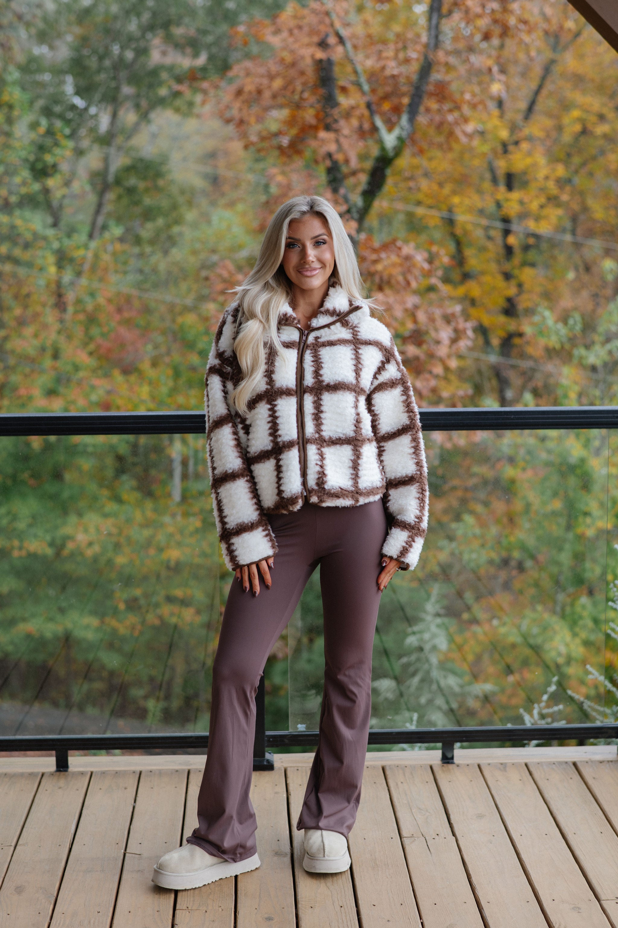 Check-Print Sherpa Jacket-Cream/Chocolate