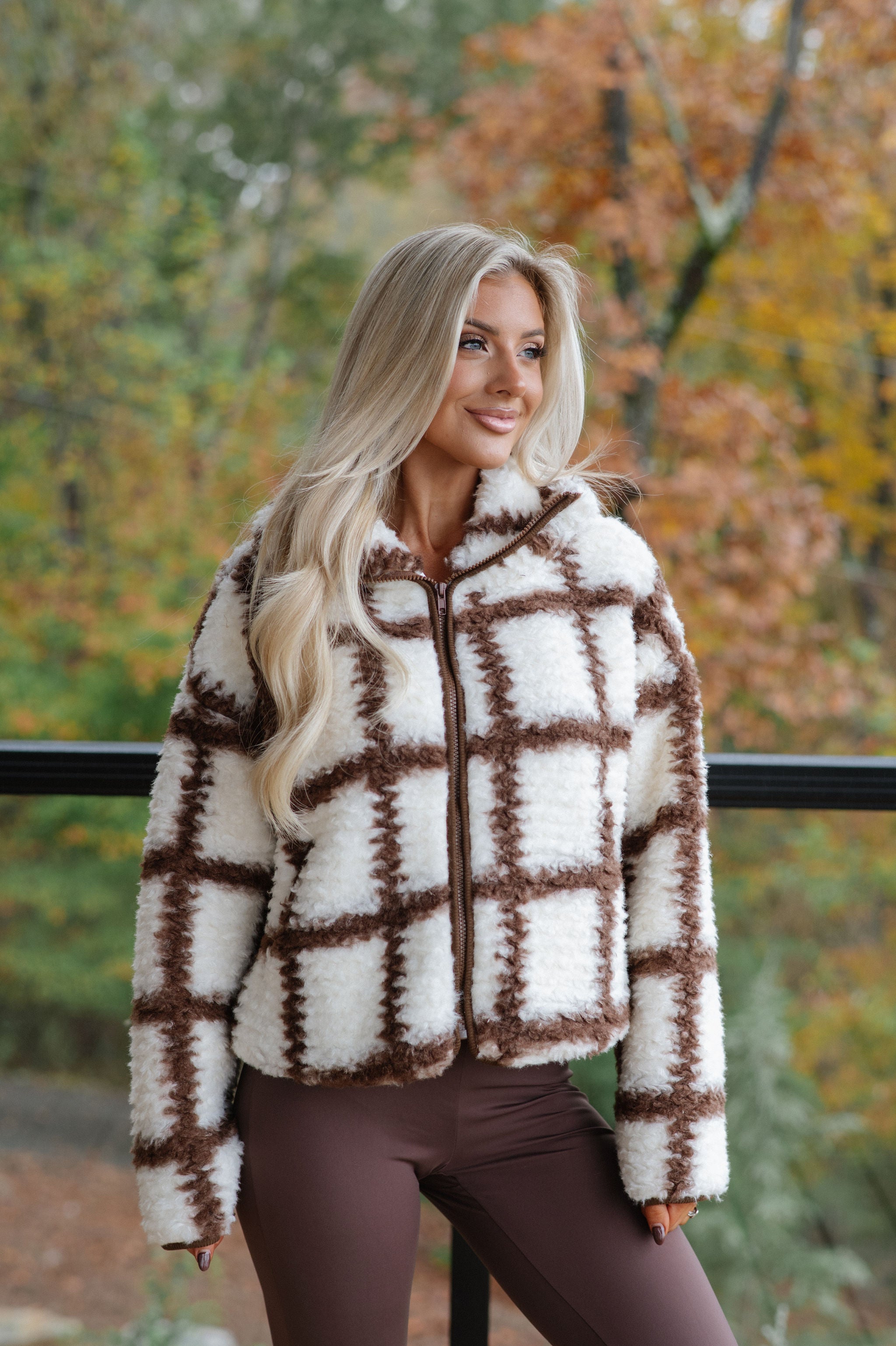 Check-Print Sherpa Jacket-Cream/Chocolate