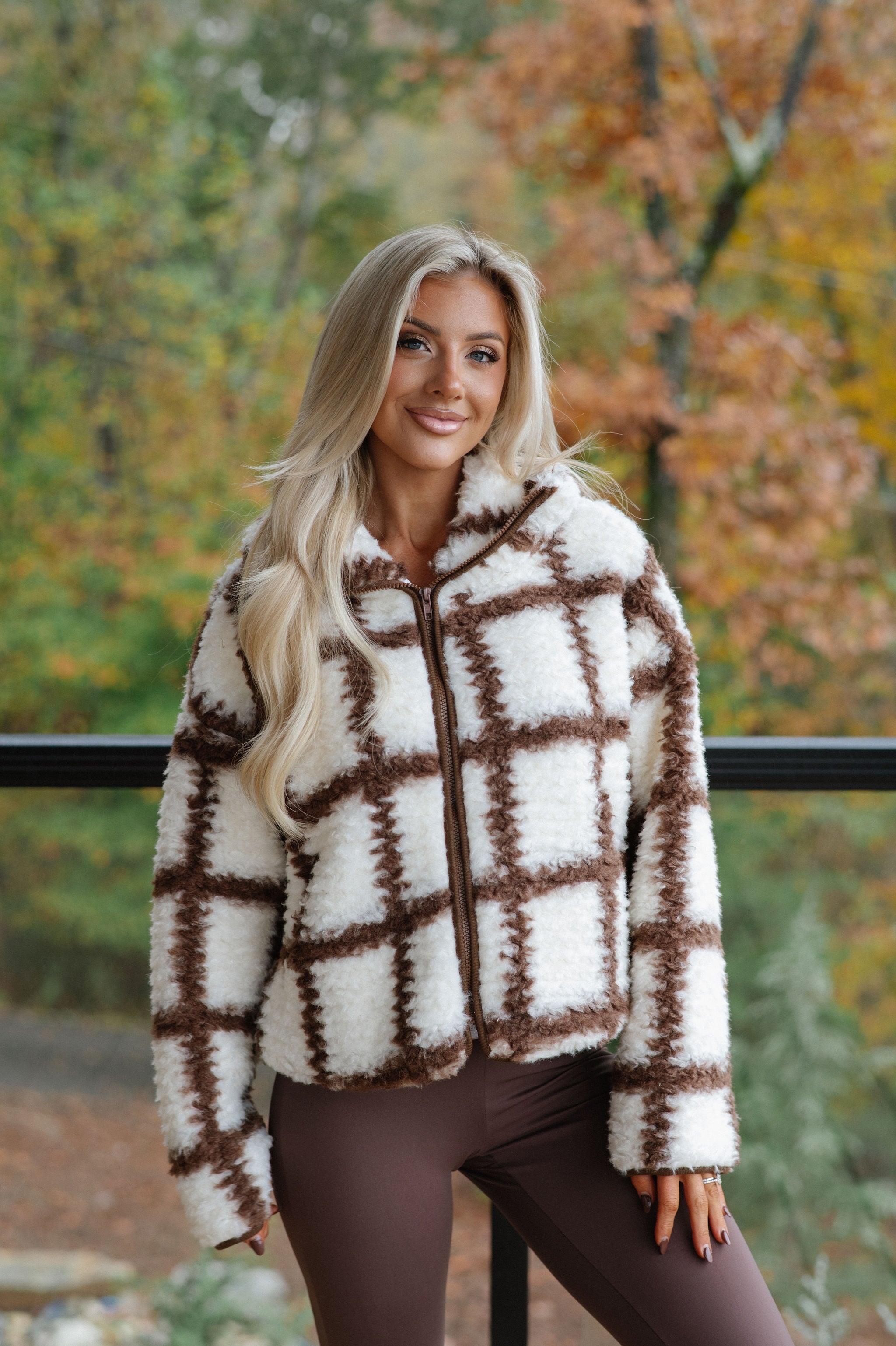 Check-Print Sherpa Jacket-Cream/Chocolate