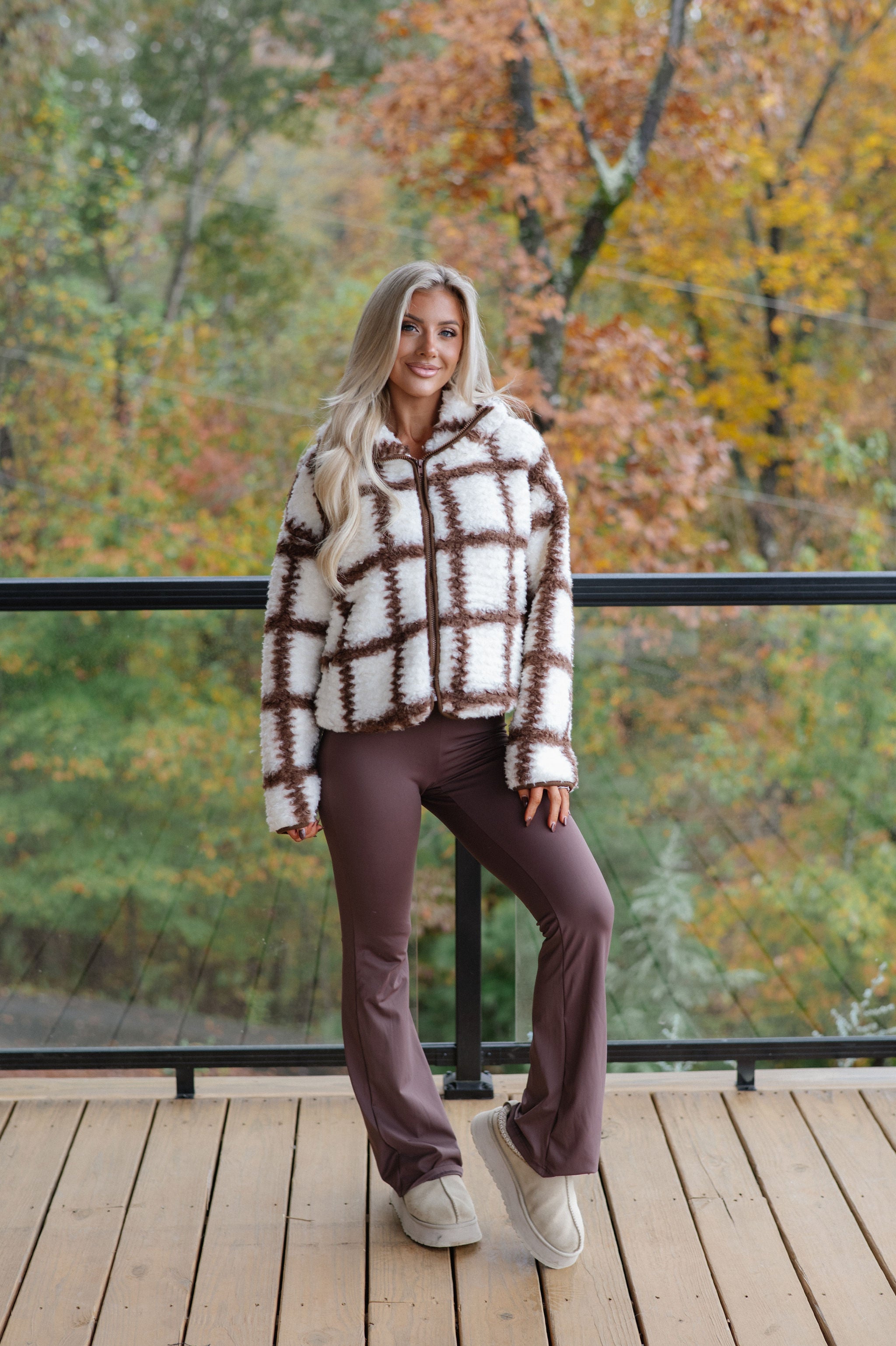 Check-Print Sherpa Jacket-Cream/Chocolate