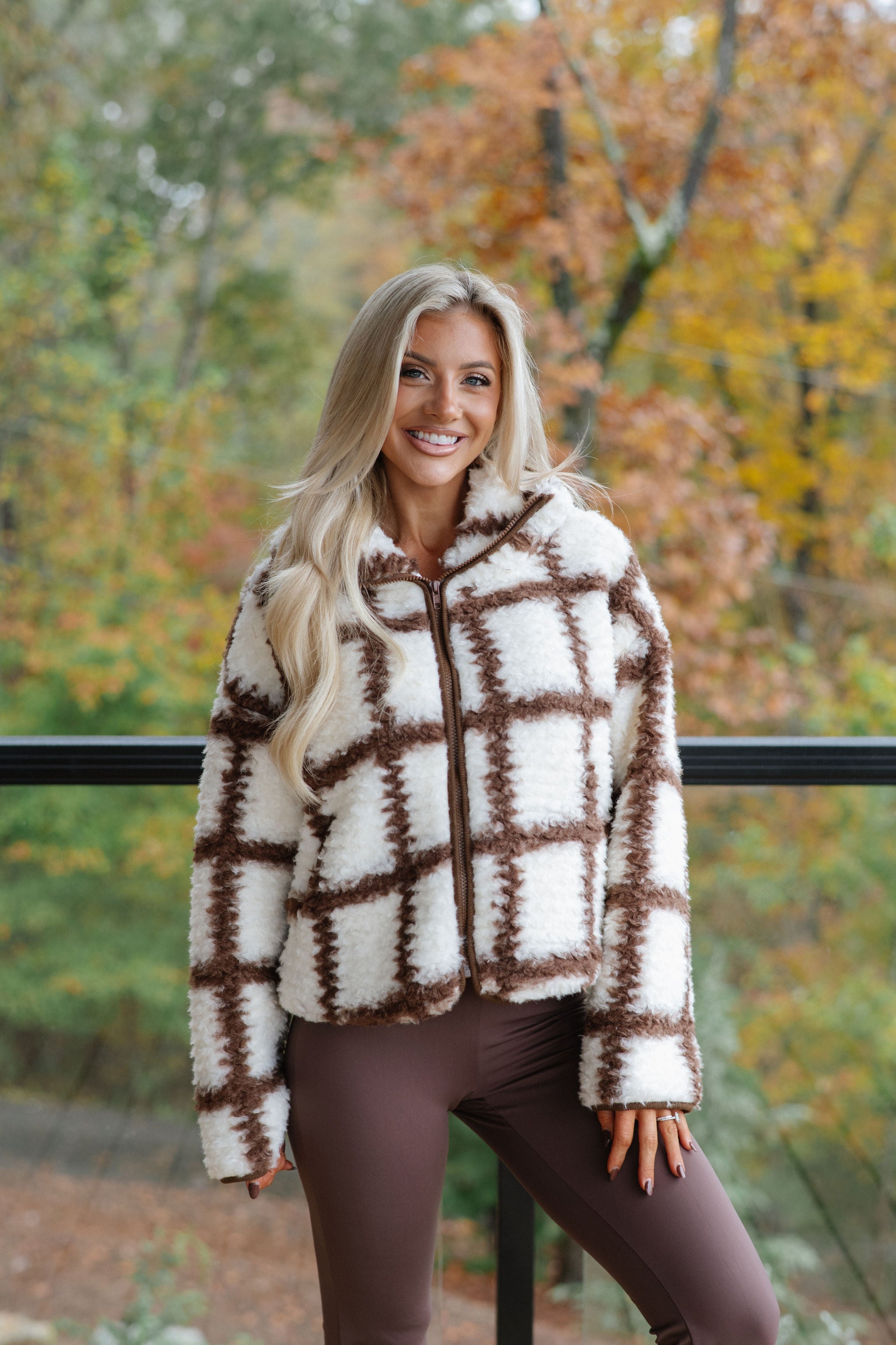 Check-Print Sherpa Jacket-Cream/Chocolate