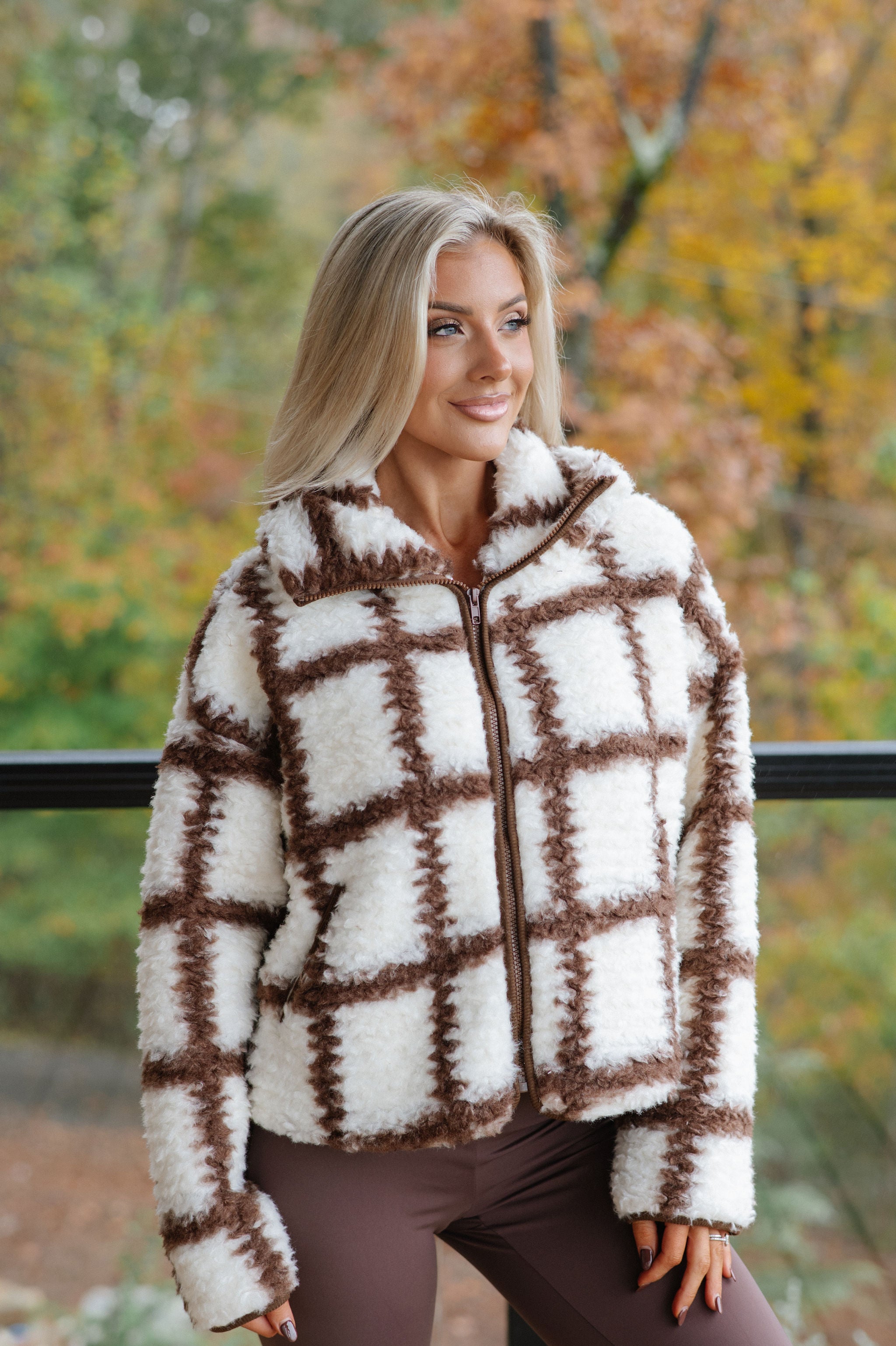 Check-Print Sherpa Jacket-Cream/Chocolate