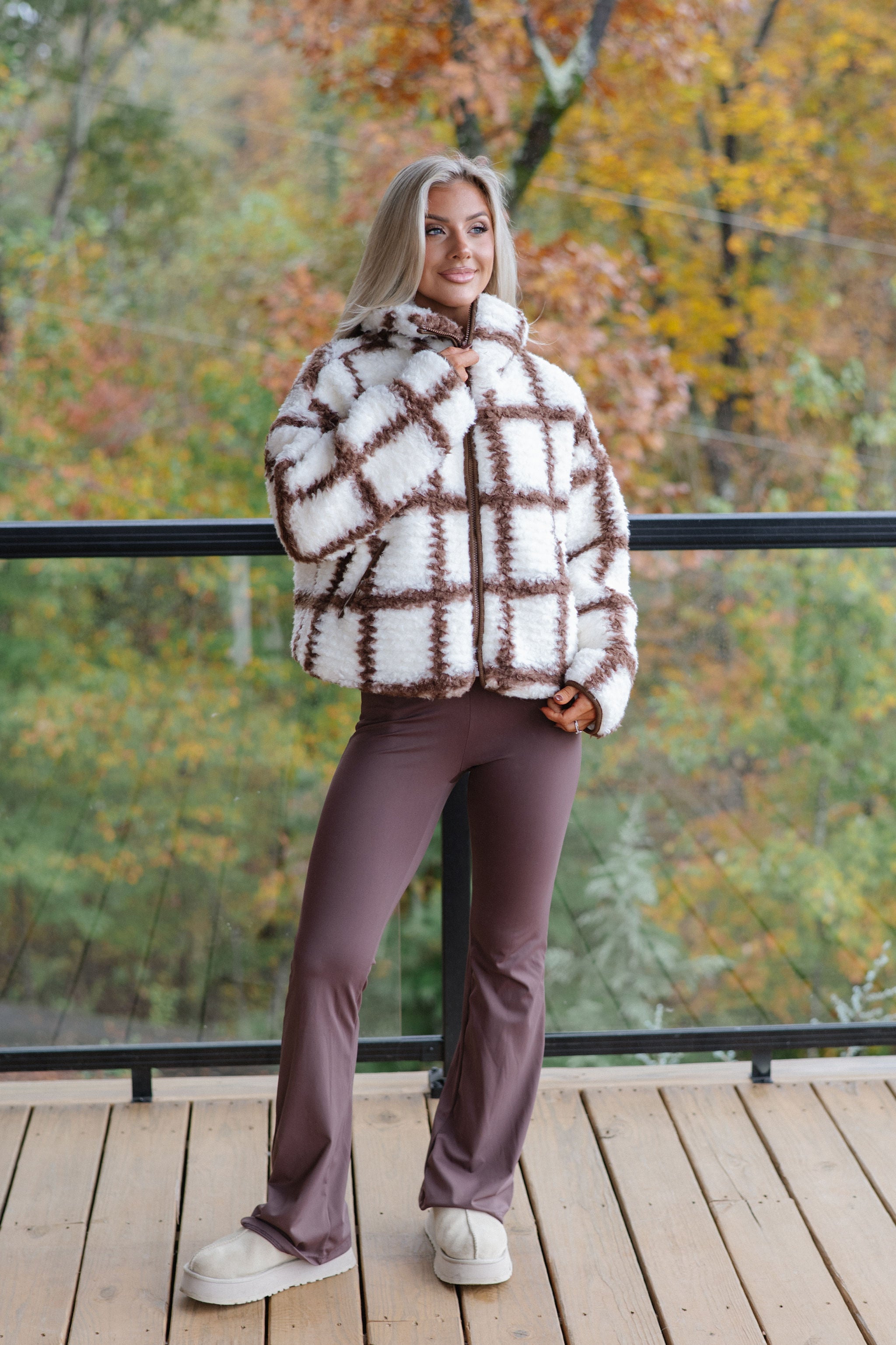 Check-Print Sherpa Jacket-Cream/Chocolate