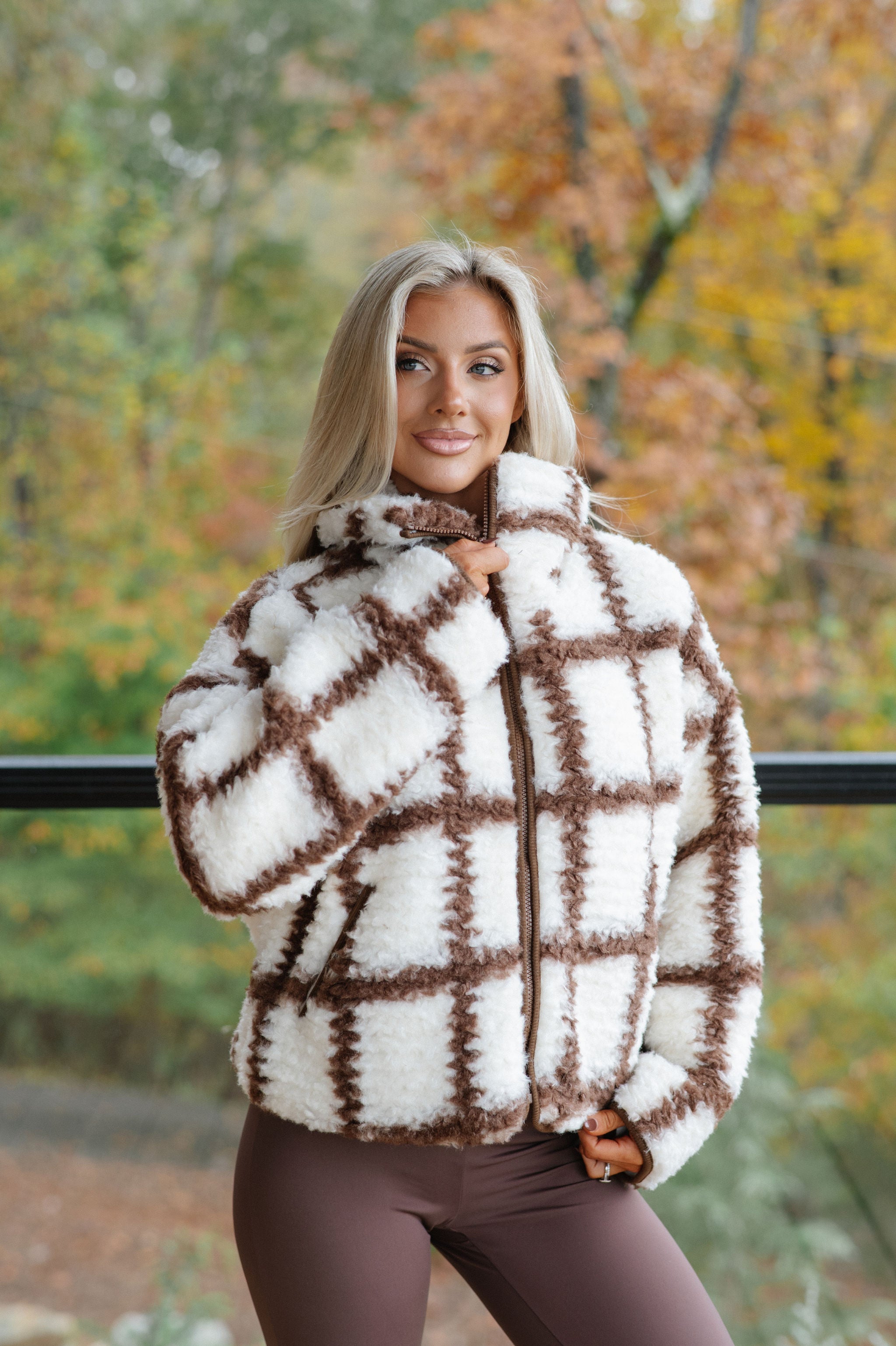 Check-Print Sherpa Jacket-Cream/Chocolate