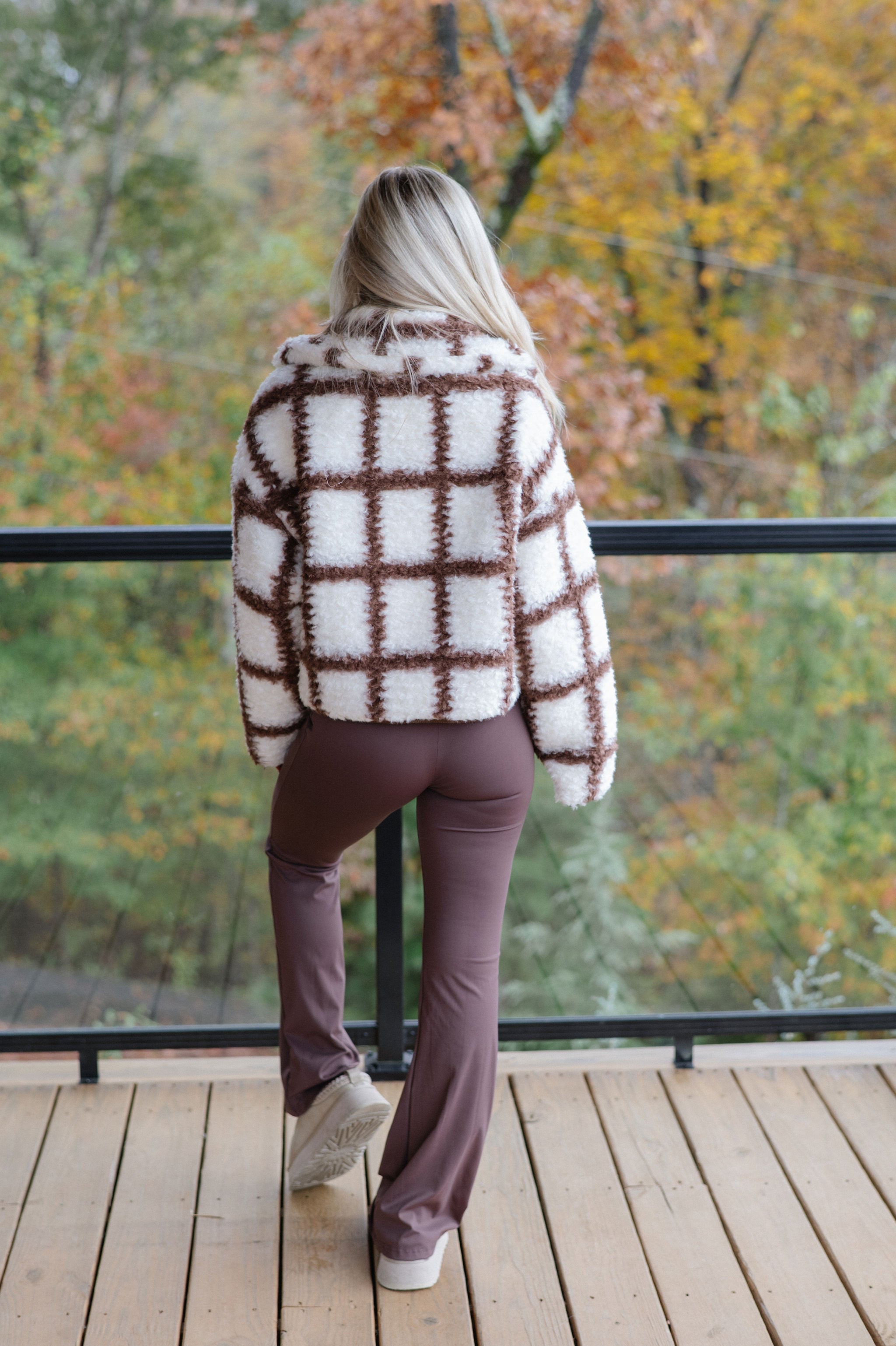 Check-Print Sherpa Jacket-Cream/Chocolate