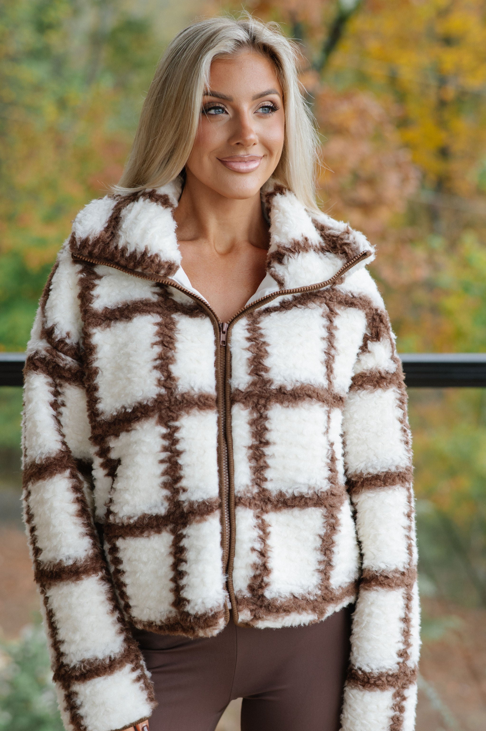 Check-Print Sherpa Jacket-Cream/Chocolate