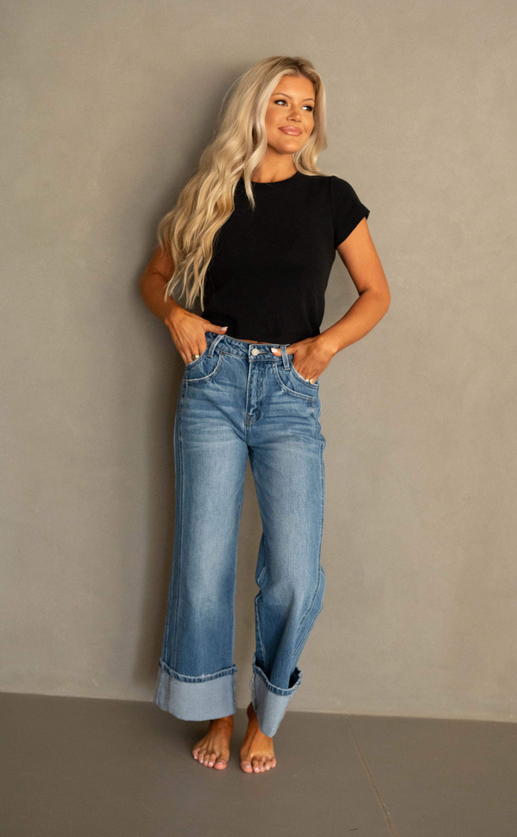 Baxton Cuffed Jeans-Dark Denim