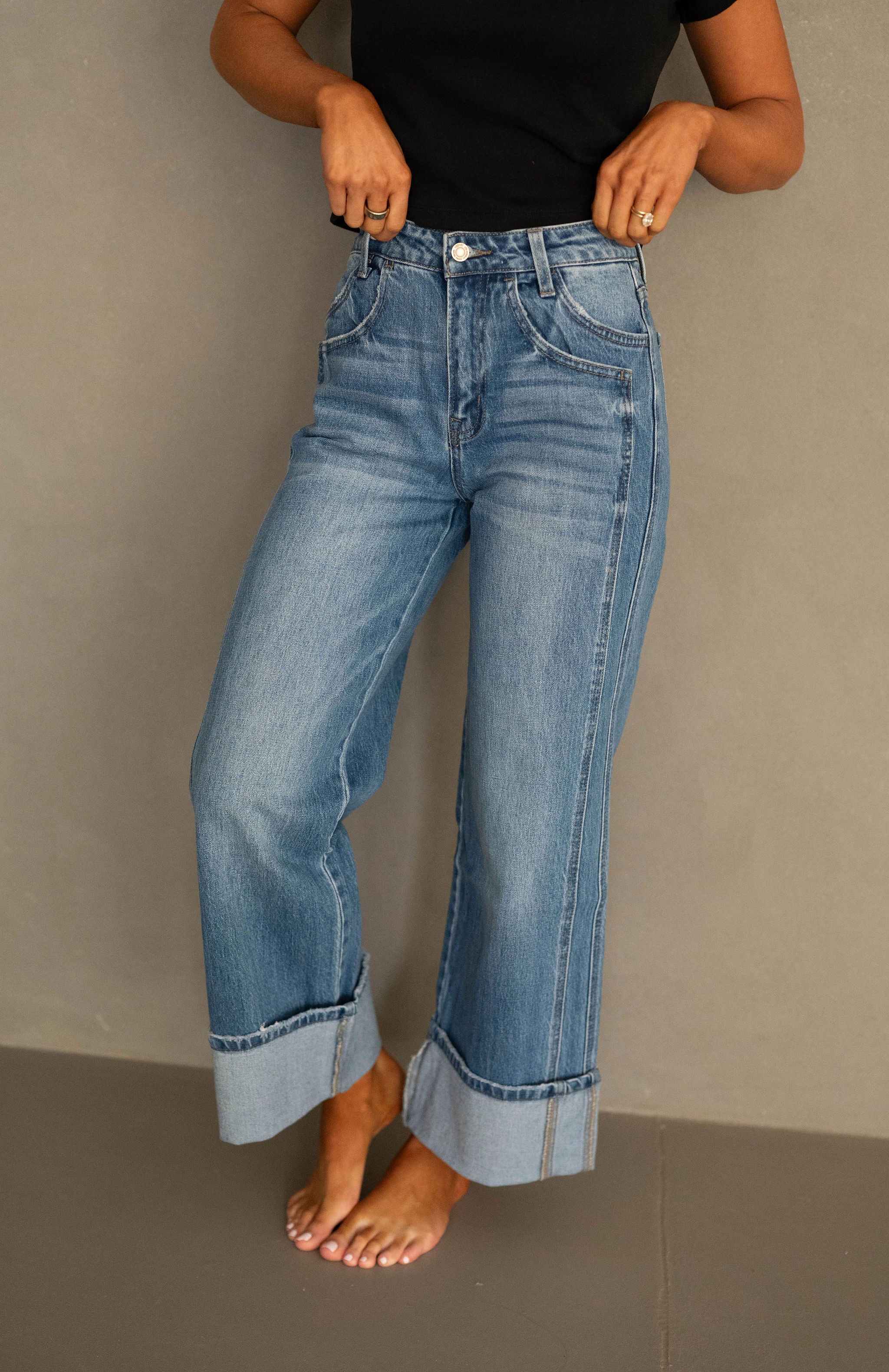 Baxton Cuffed Jeans-Dark Denim