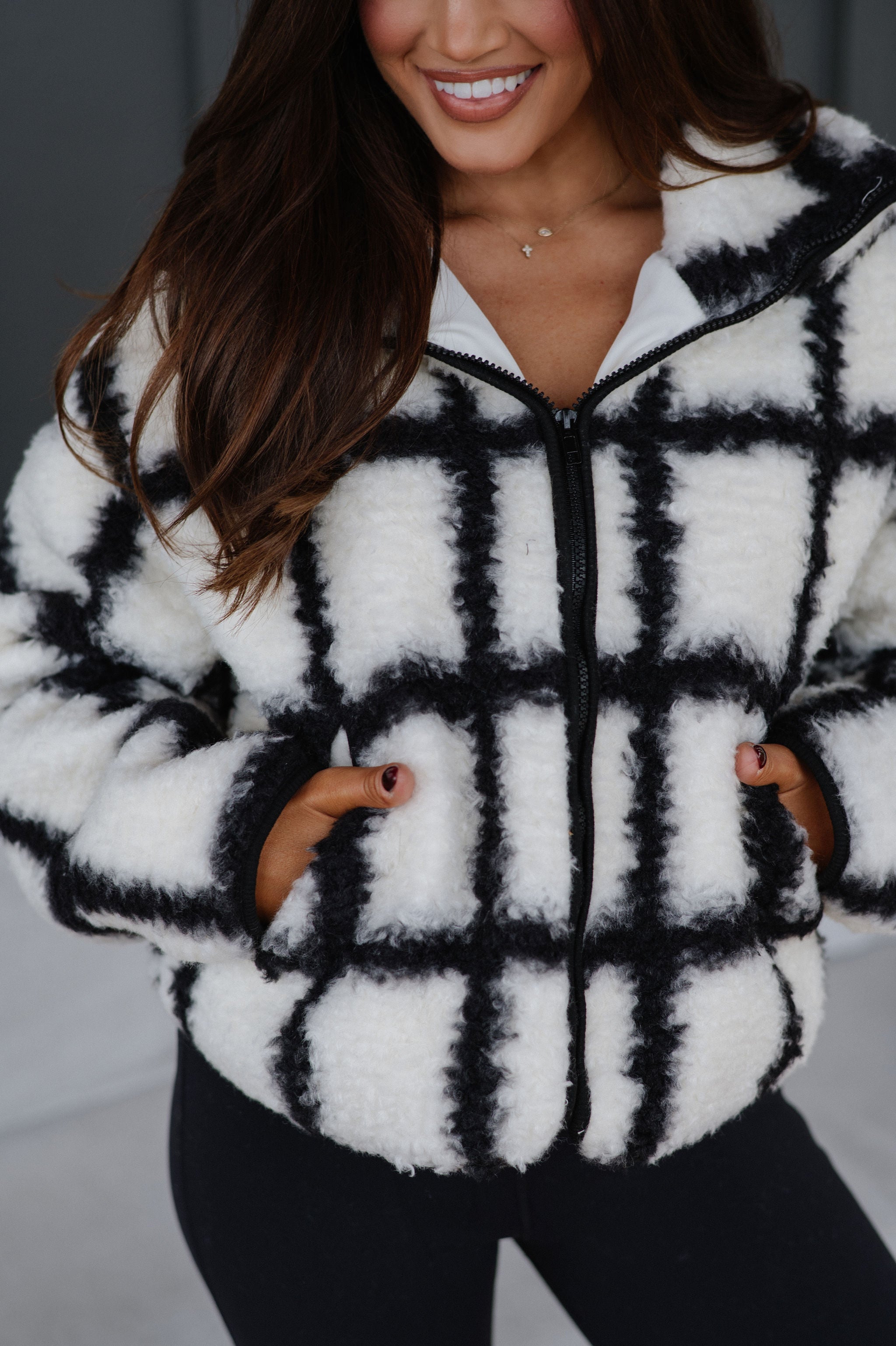 Check-Print Sherpa Jacket-Cream/Black