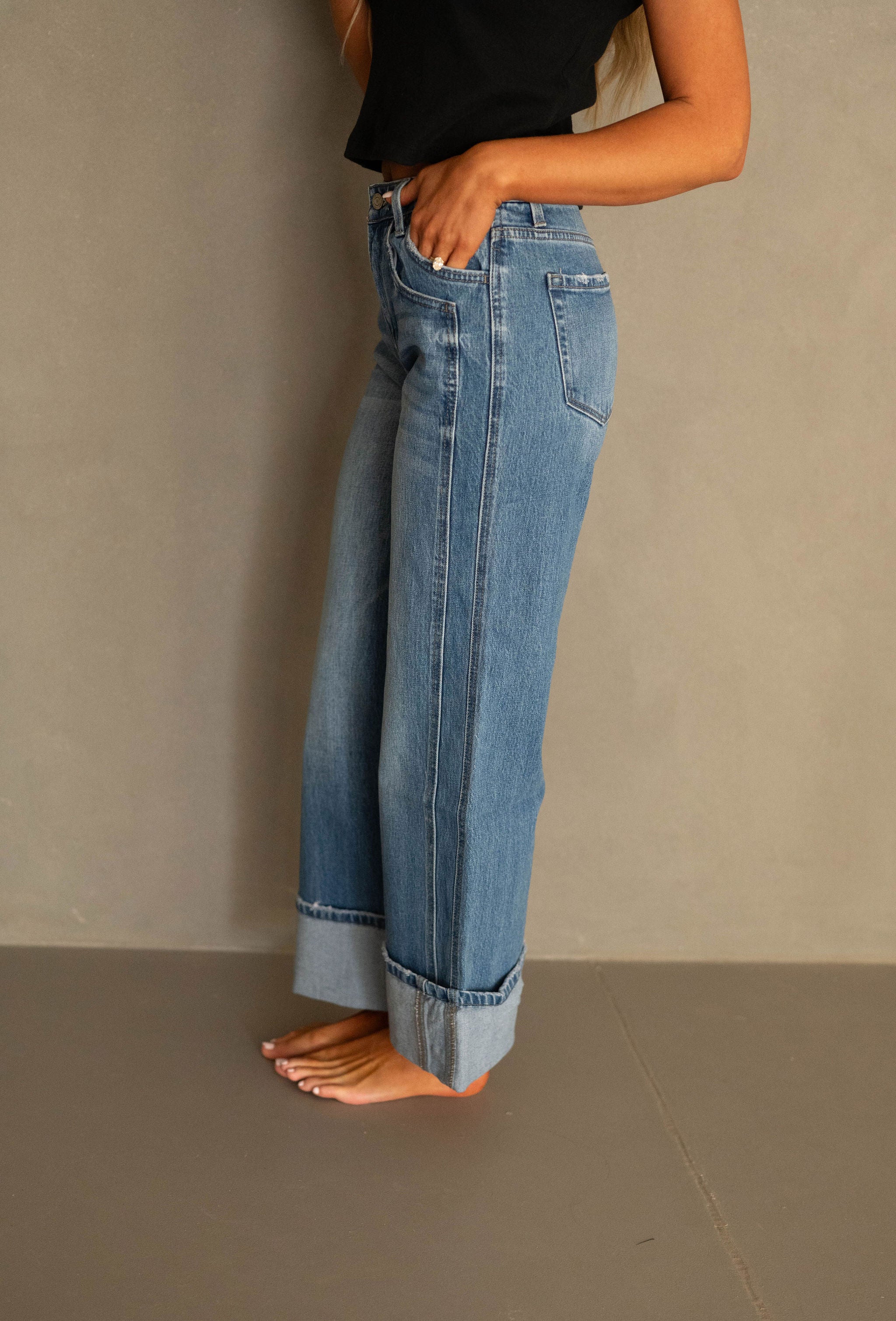 Baxton Cuffed Jeans-Dark Denim
