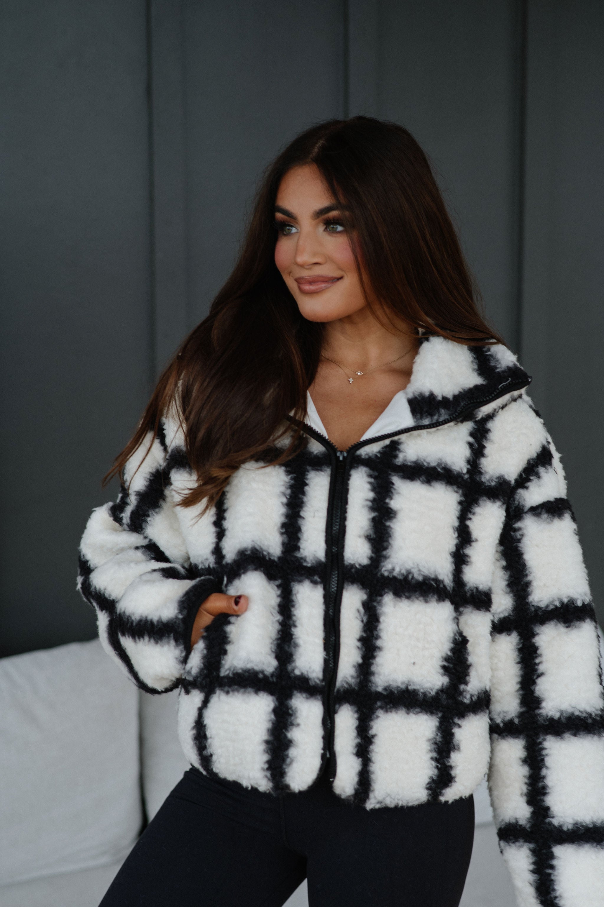 Check-Print Sherpa Jacket-Cream/Black