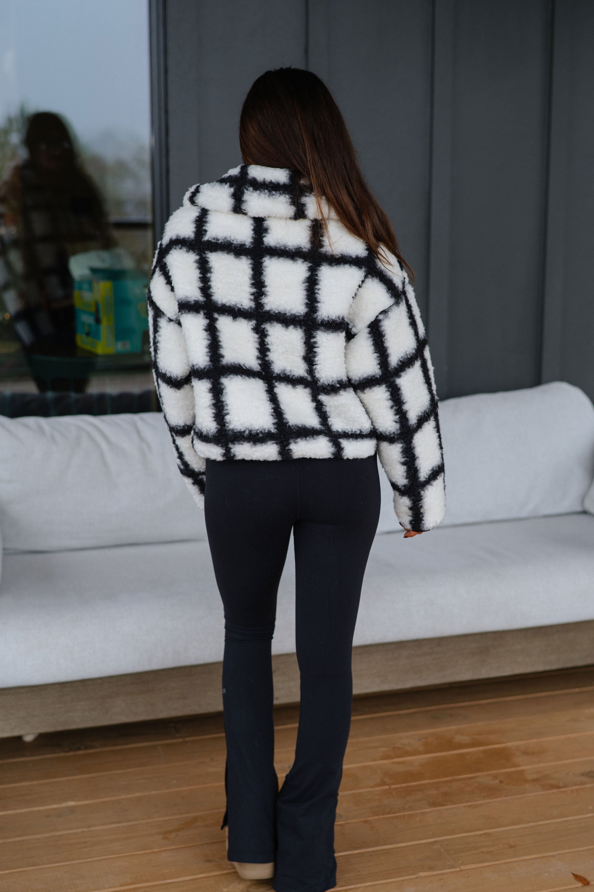 Check-Print Sherpa Jacket-Cream/Black