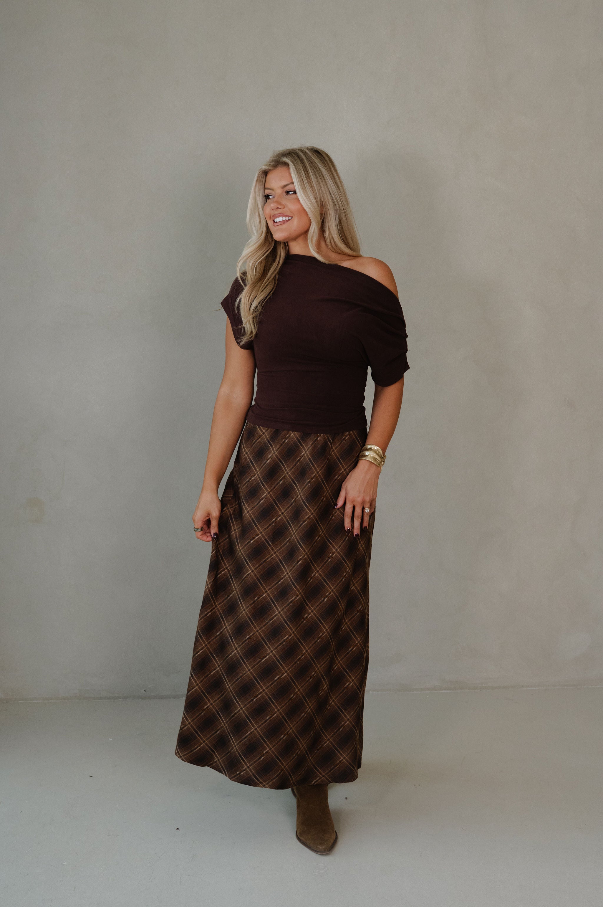Carina Boat Neck Top-Brown