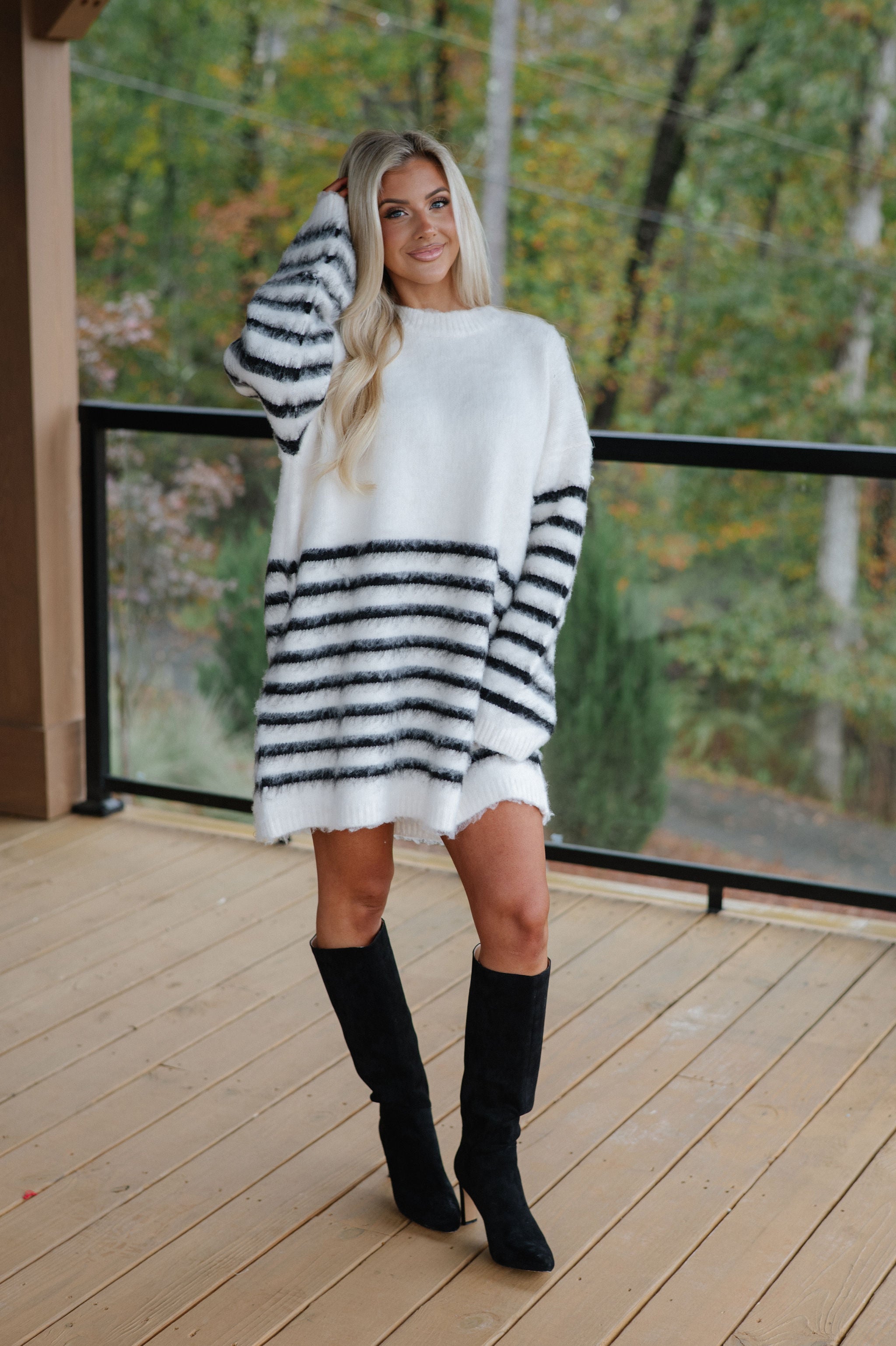 Oversized Stripe Mohair Sweater Dress-White/Black
