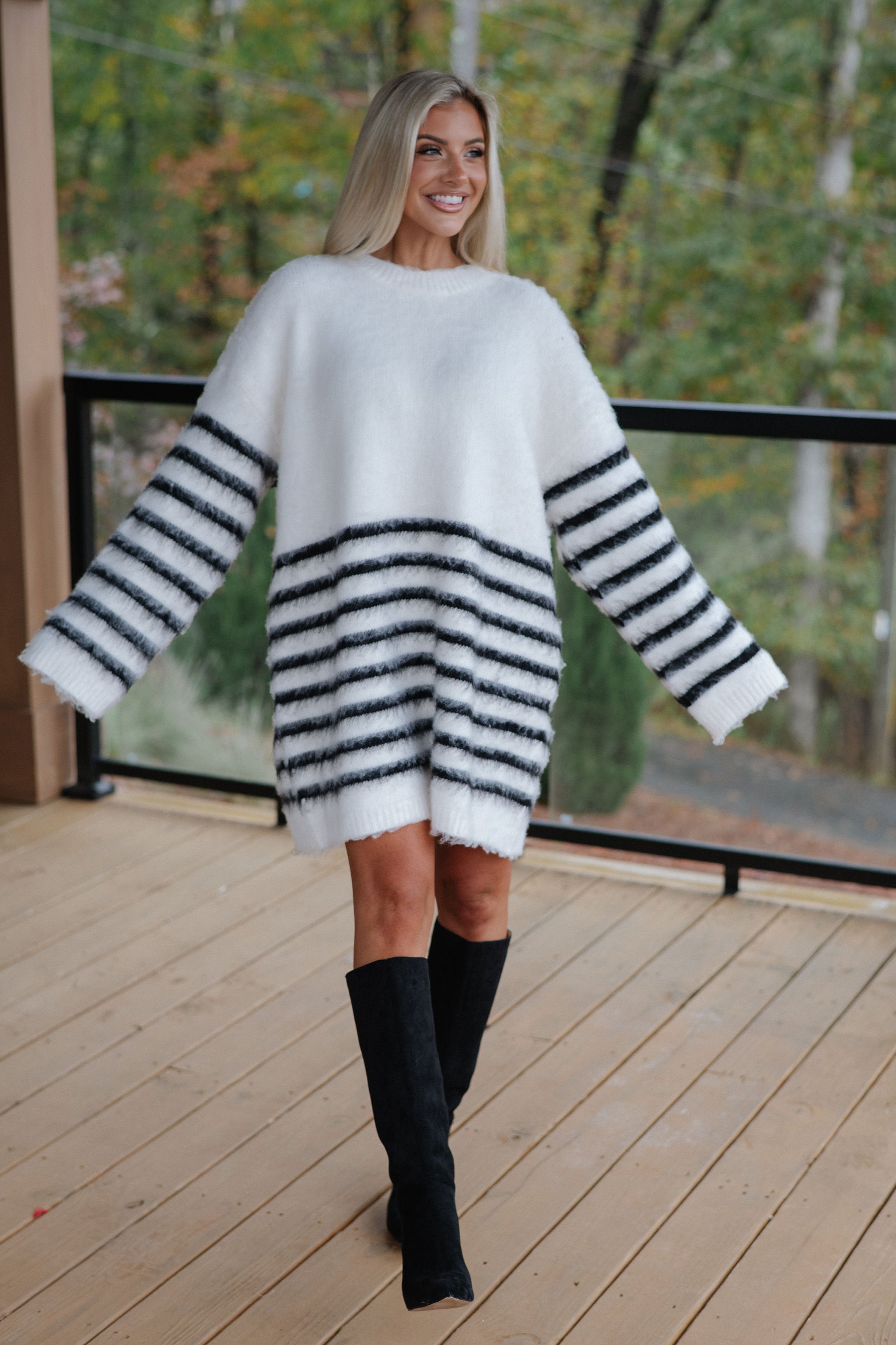 Oversized Stripe Mohair Sweater Dress-White/Black