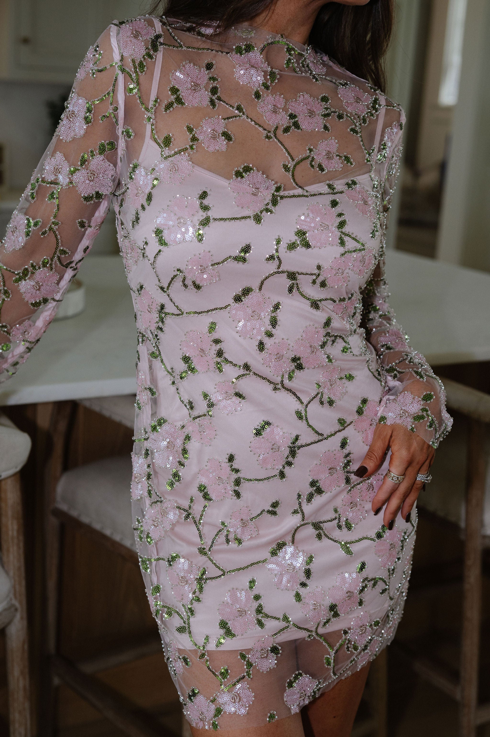 Floral Sequin Mesh Mini Dress-Pink Multi