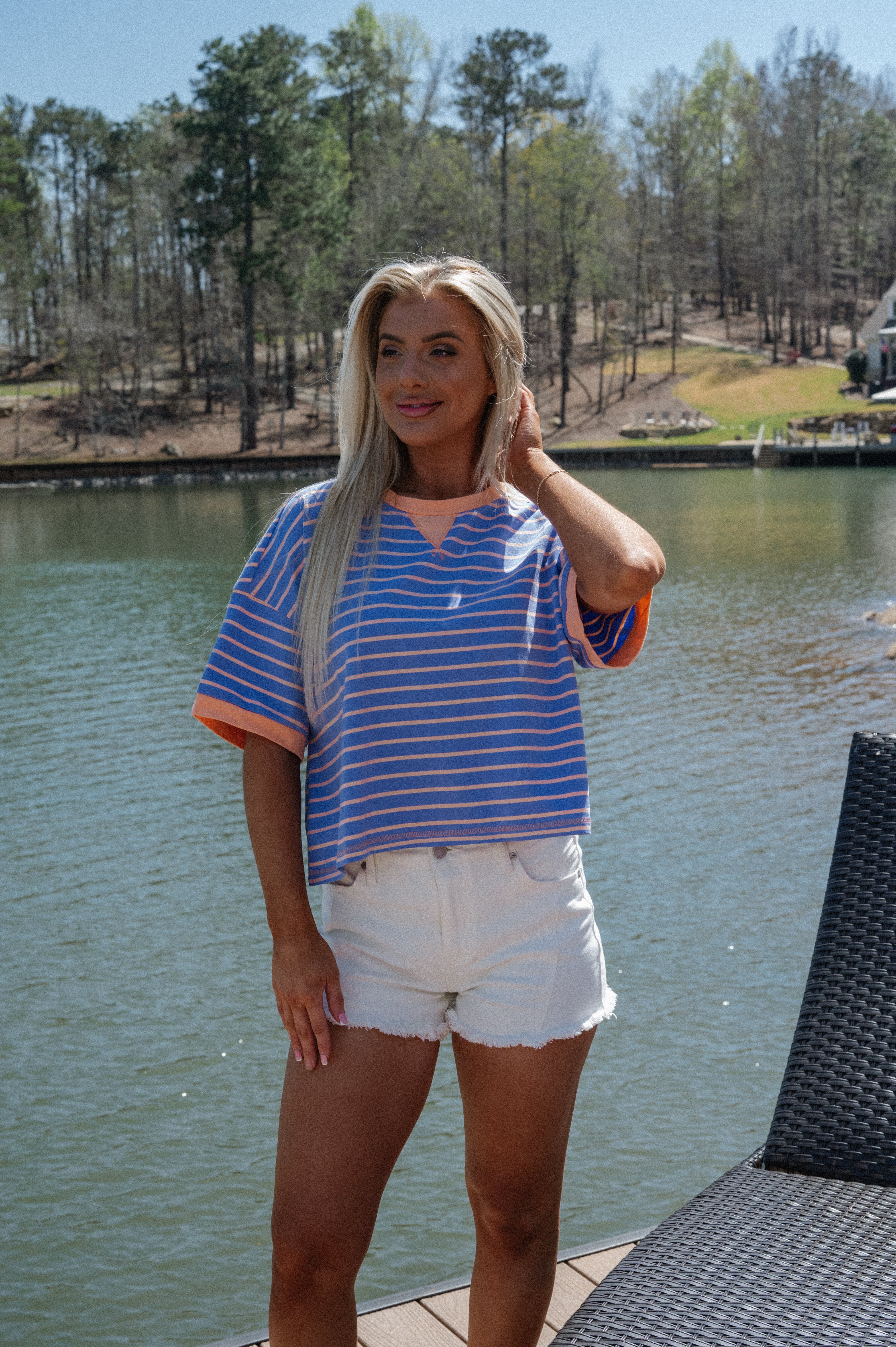 Myles Striped Tee-Periwinkle/Orange