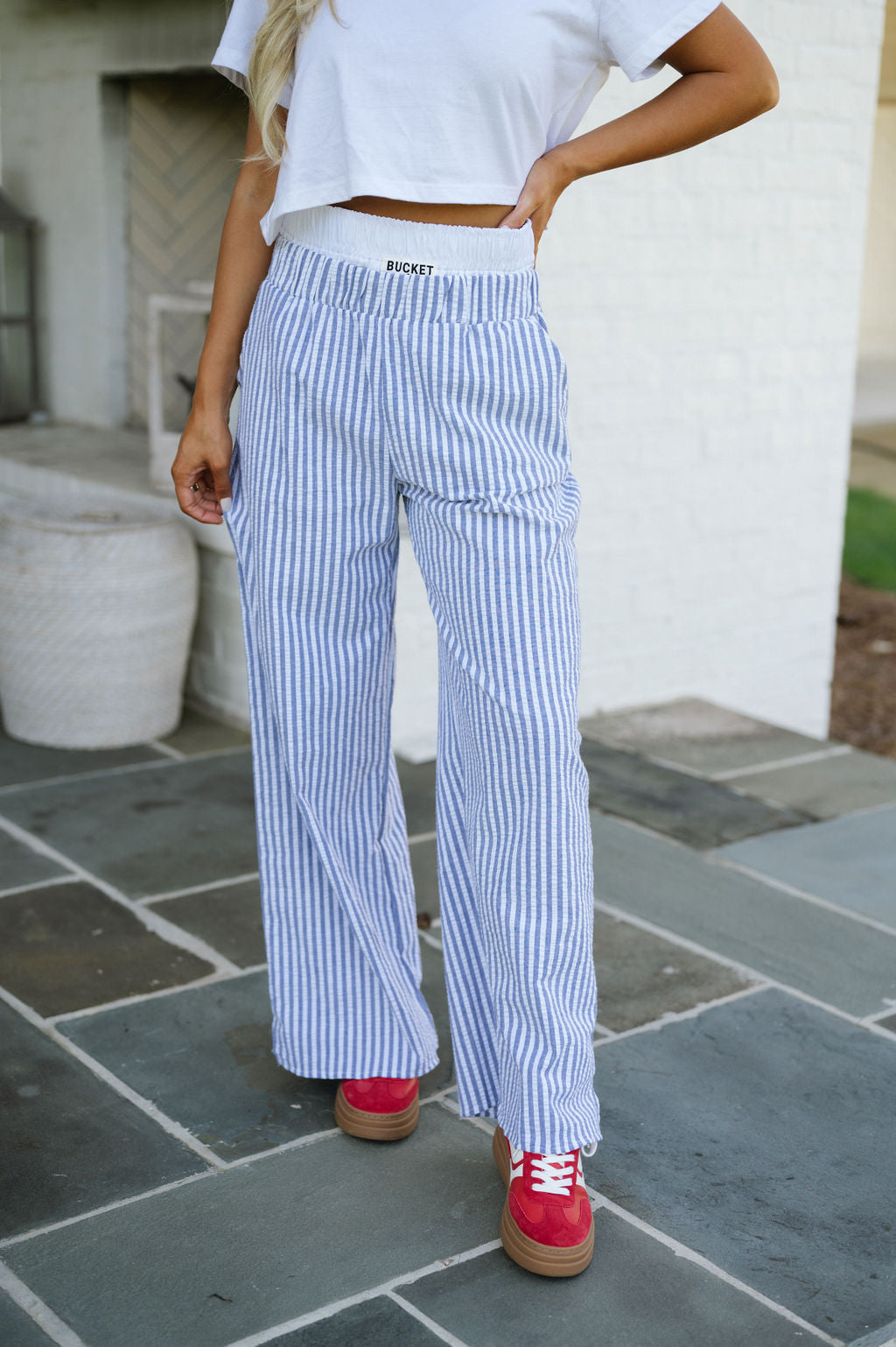 Blue and white pinstripe pants online