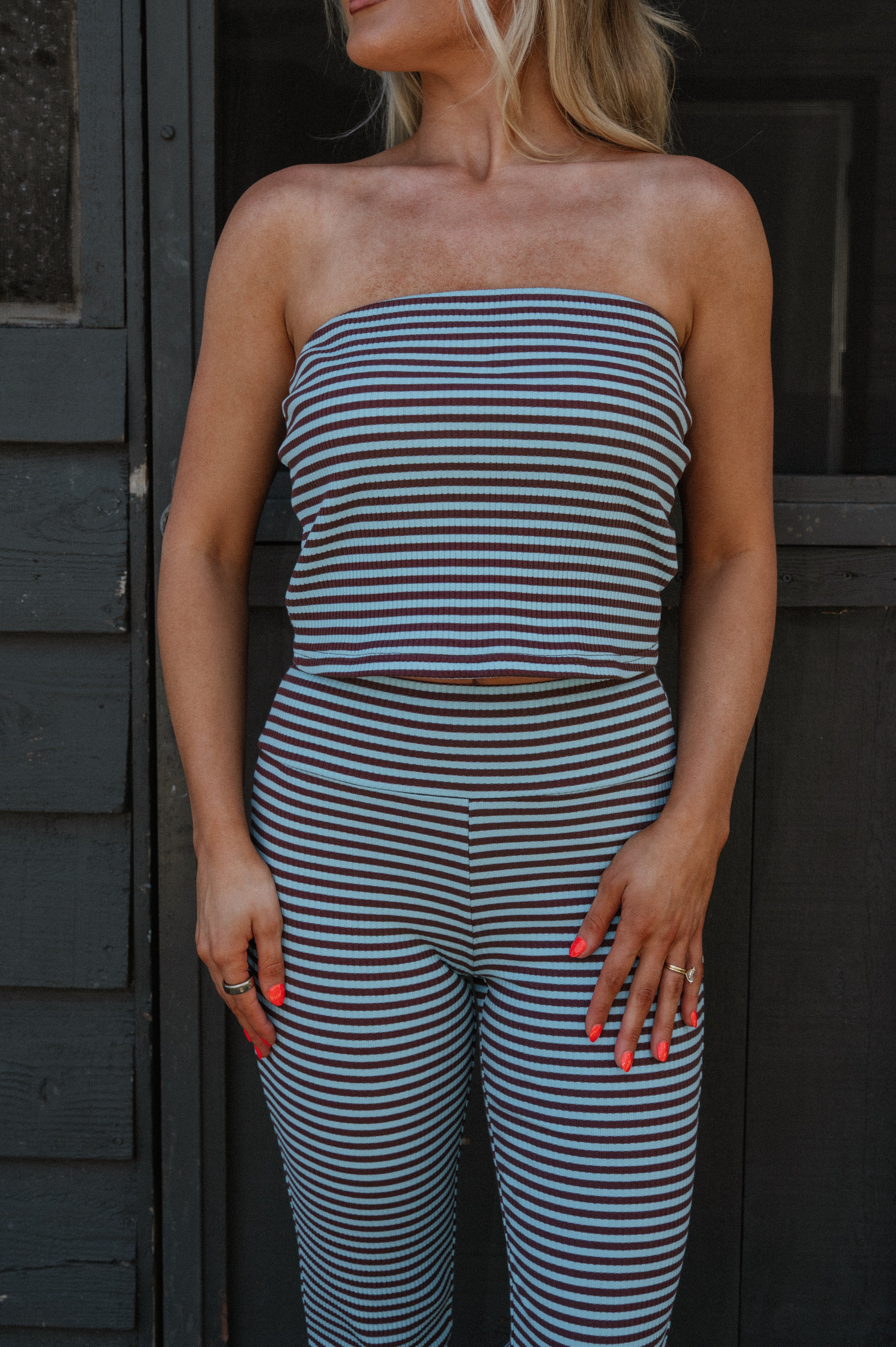 Serena Flared Pants Set-Light Blue/Brown