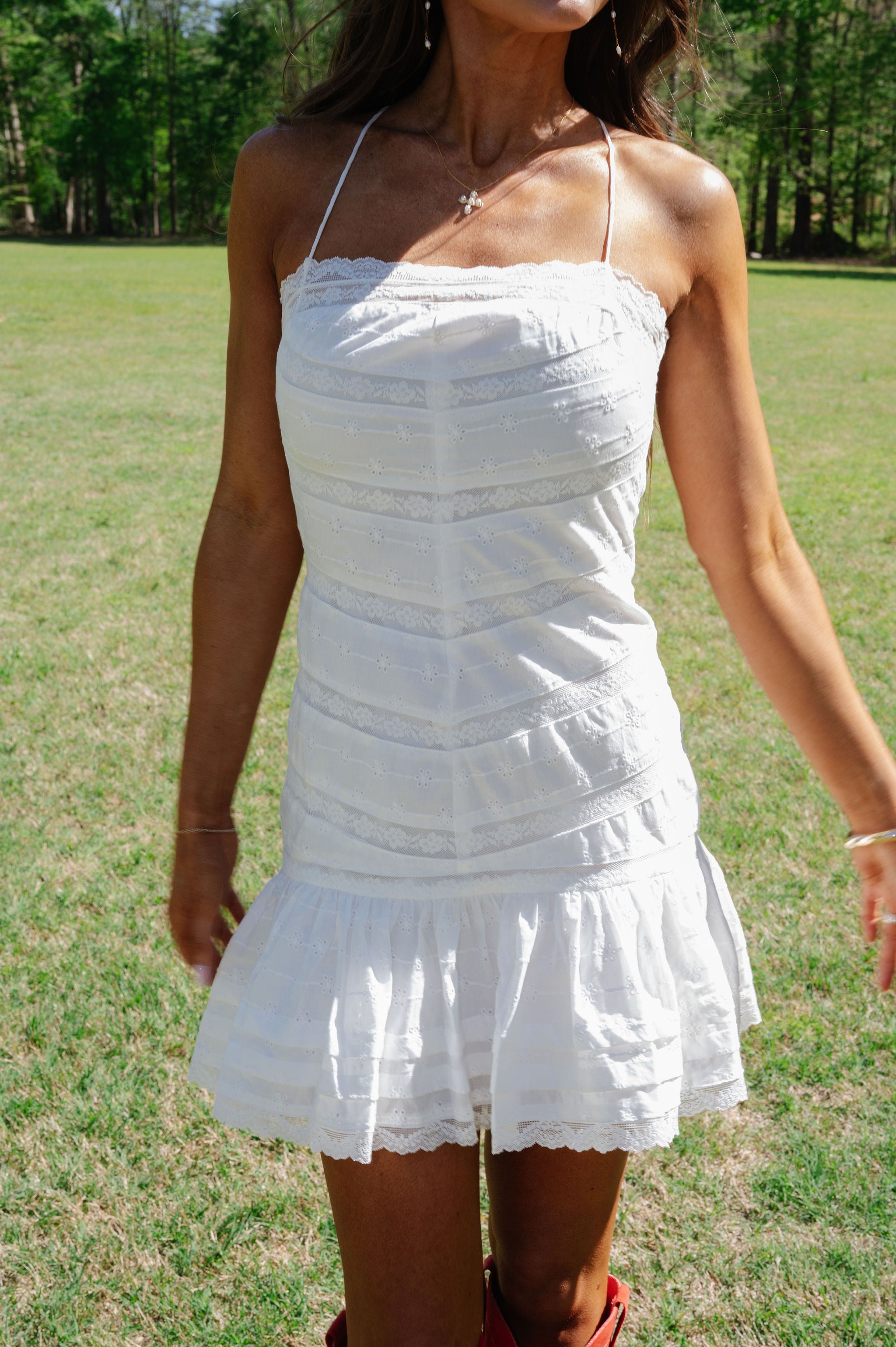 Ruthie Eyelet Lace Trim Dress-Off White