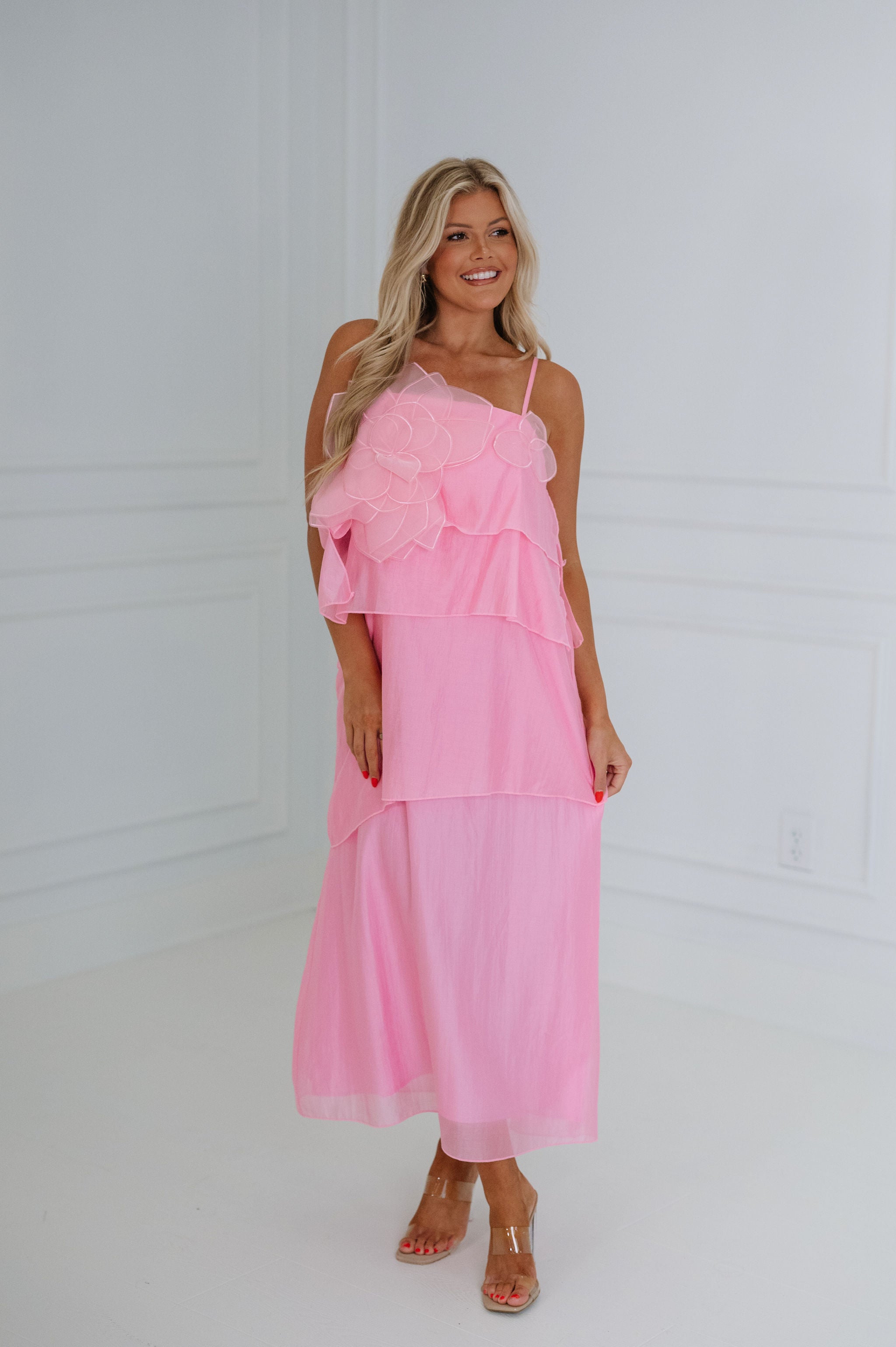 Dominique Floral Applique Tiered Maxi Dress-Pink