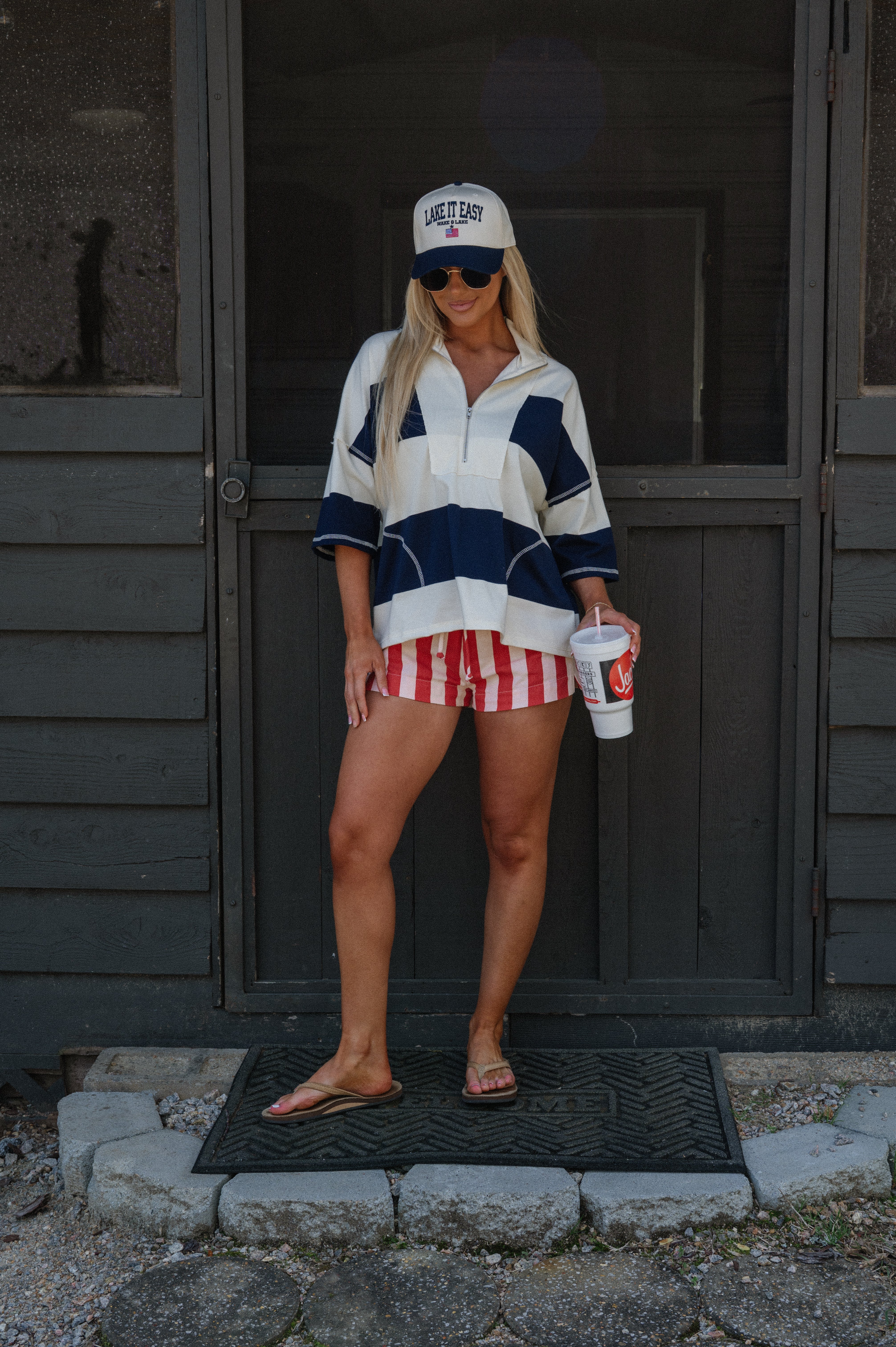 Washed Ribbed Knit Top-Navy