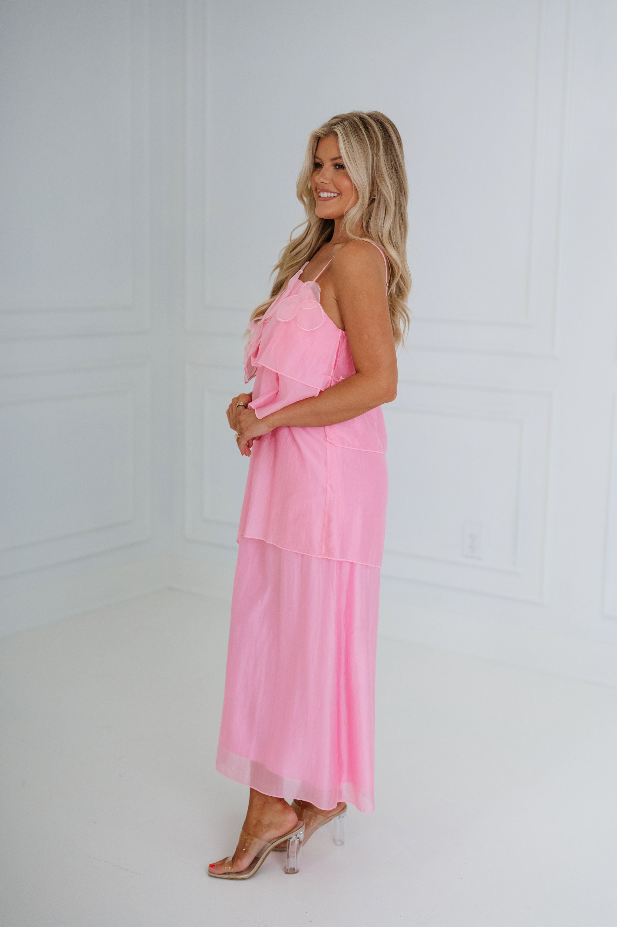 Dominique Floral Applique Tiered Maxi Dress-Pink