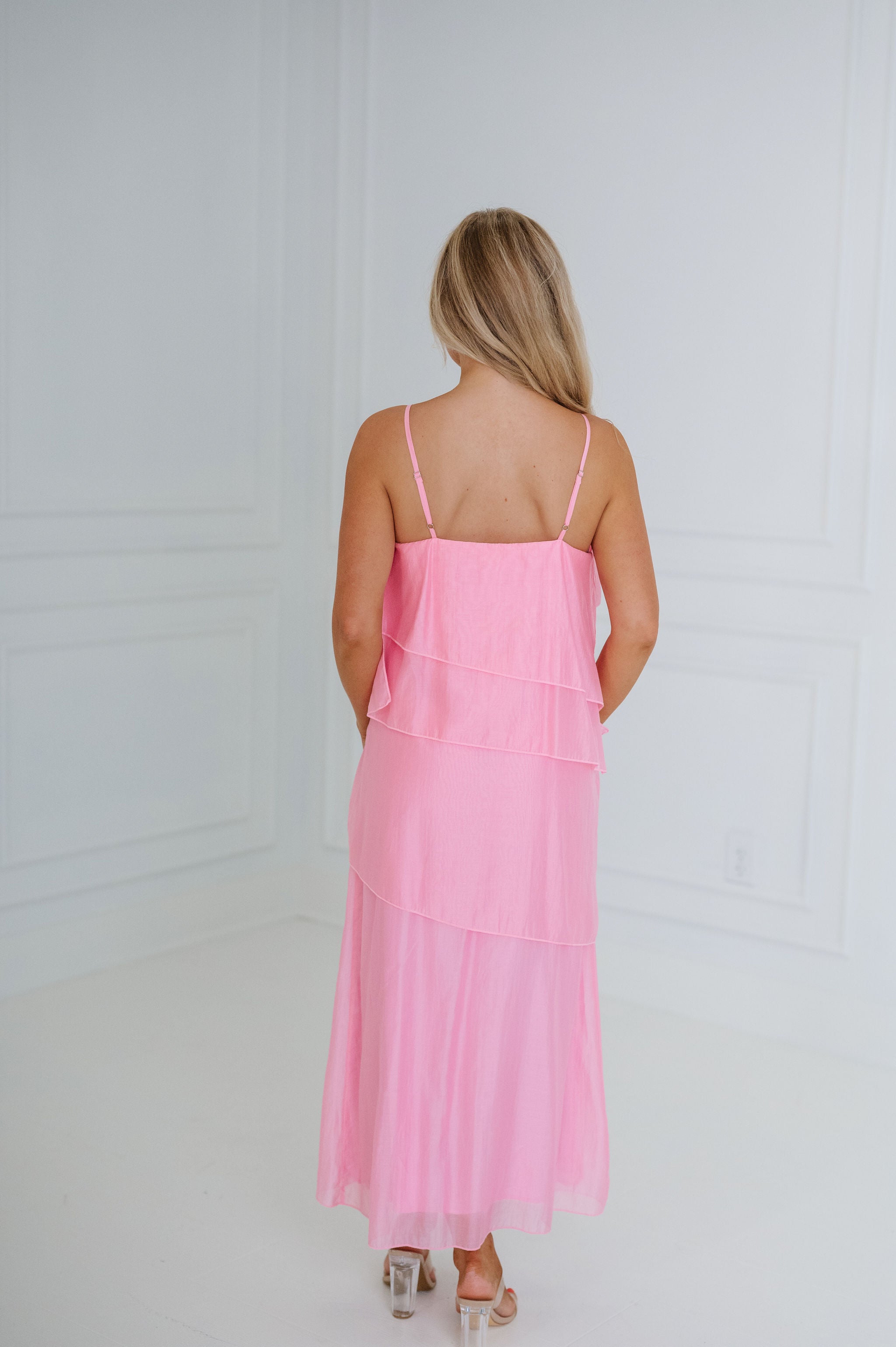 Dominique Floral Applique Tiered Maxi Dress-Pink