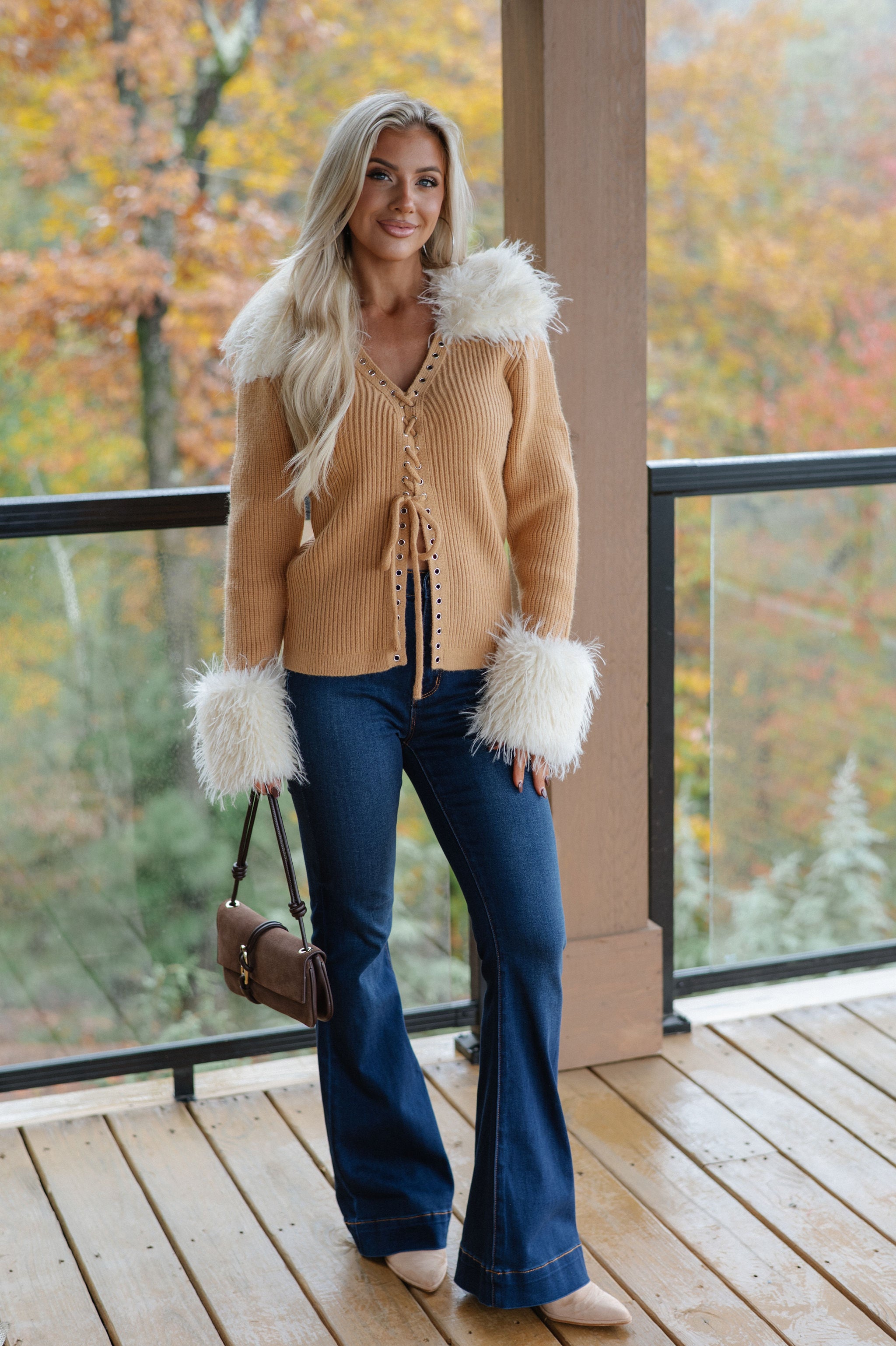 Faux Fur Trim Lace Up Cardigan-Camel