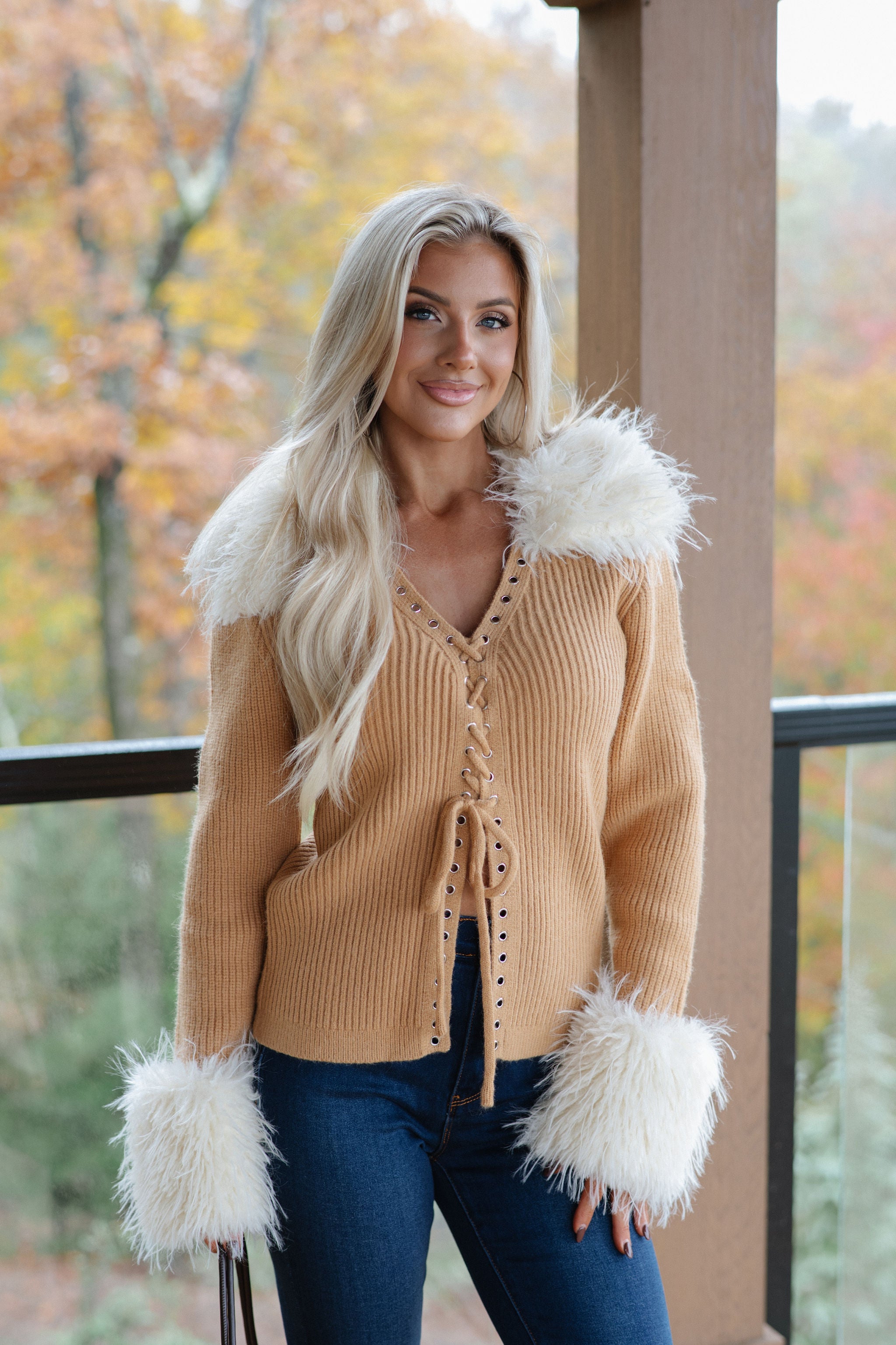 Faux Fur Trim Lace Up Cardigan-Camel