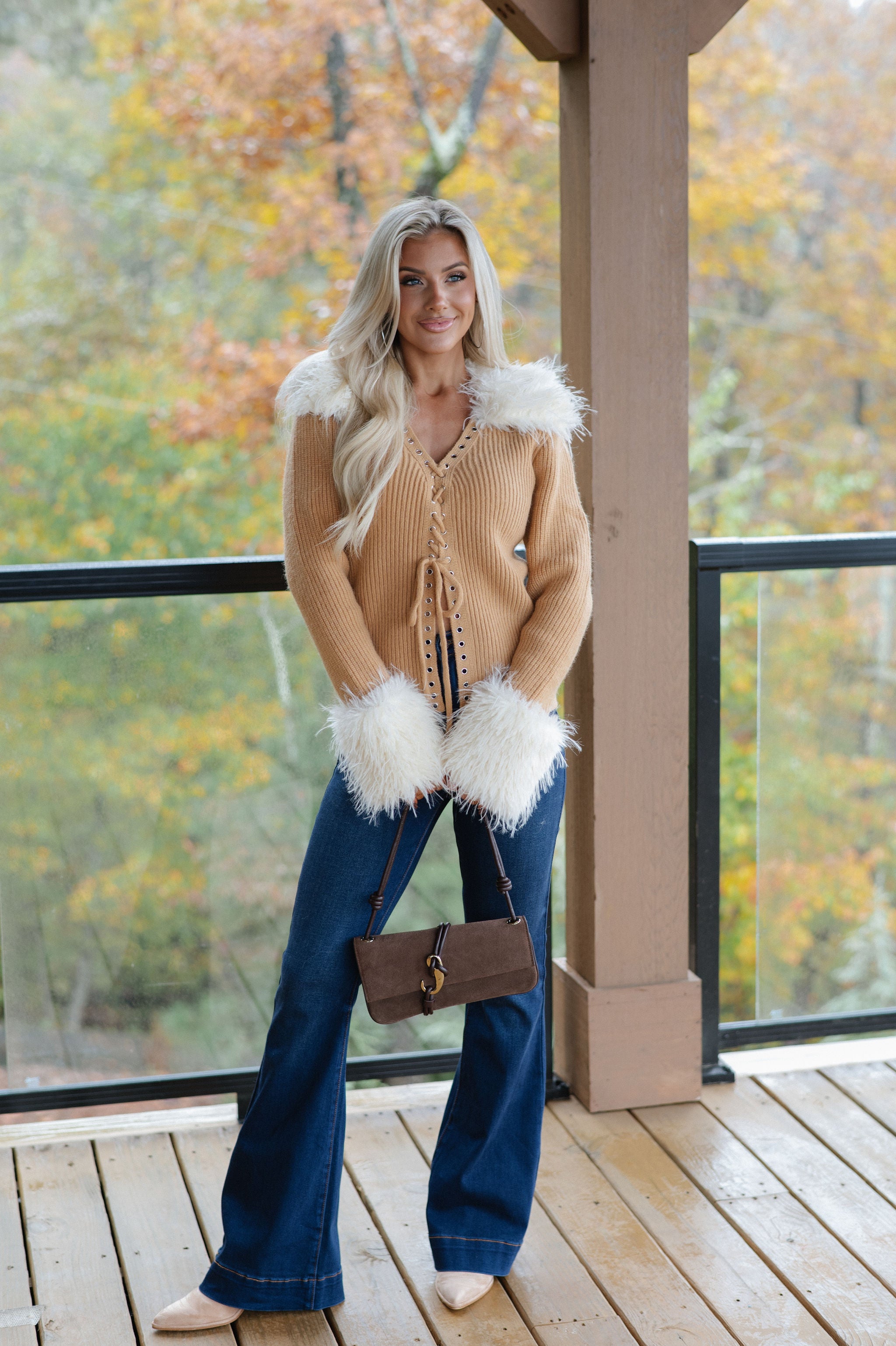 Faux Fur Trim Lace Up Cardigan-Camel