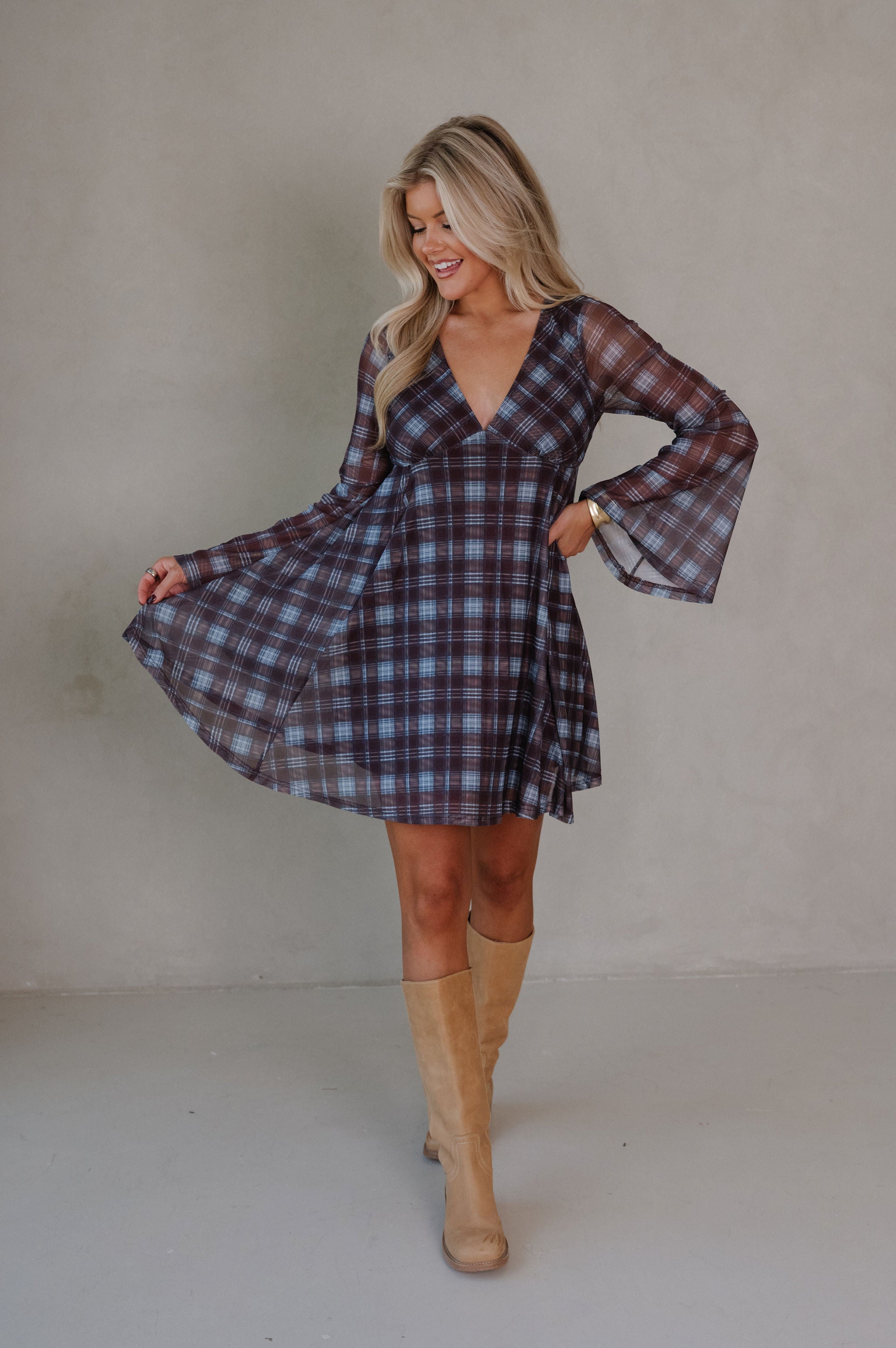 Hannah Bell Sleeve Dress- Brown/Blue