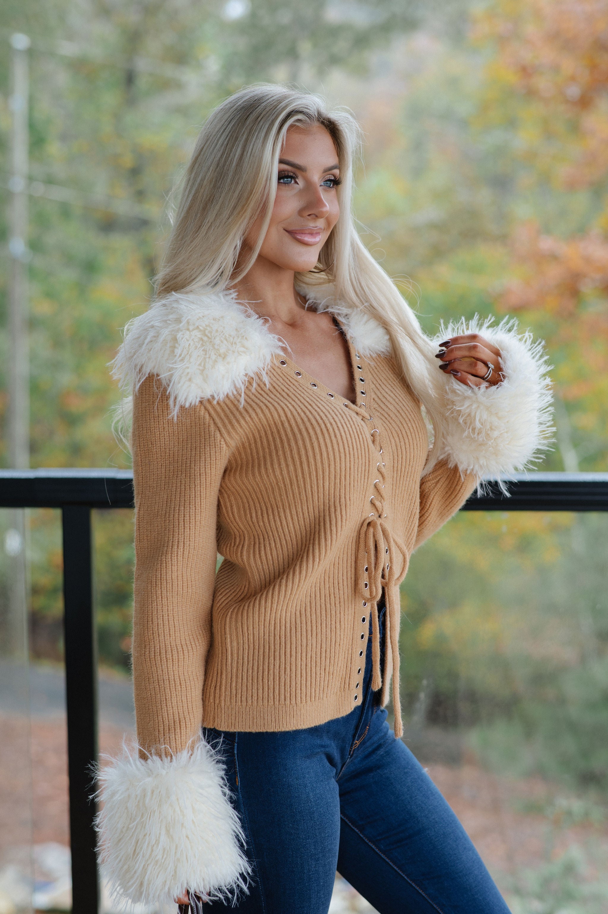 Faux Fur Trim Lace Up Cardigan-Camel