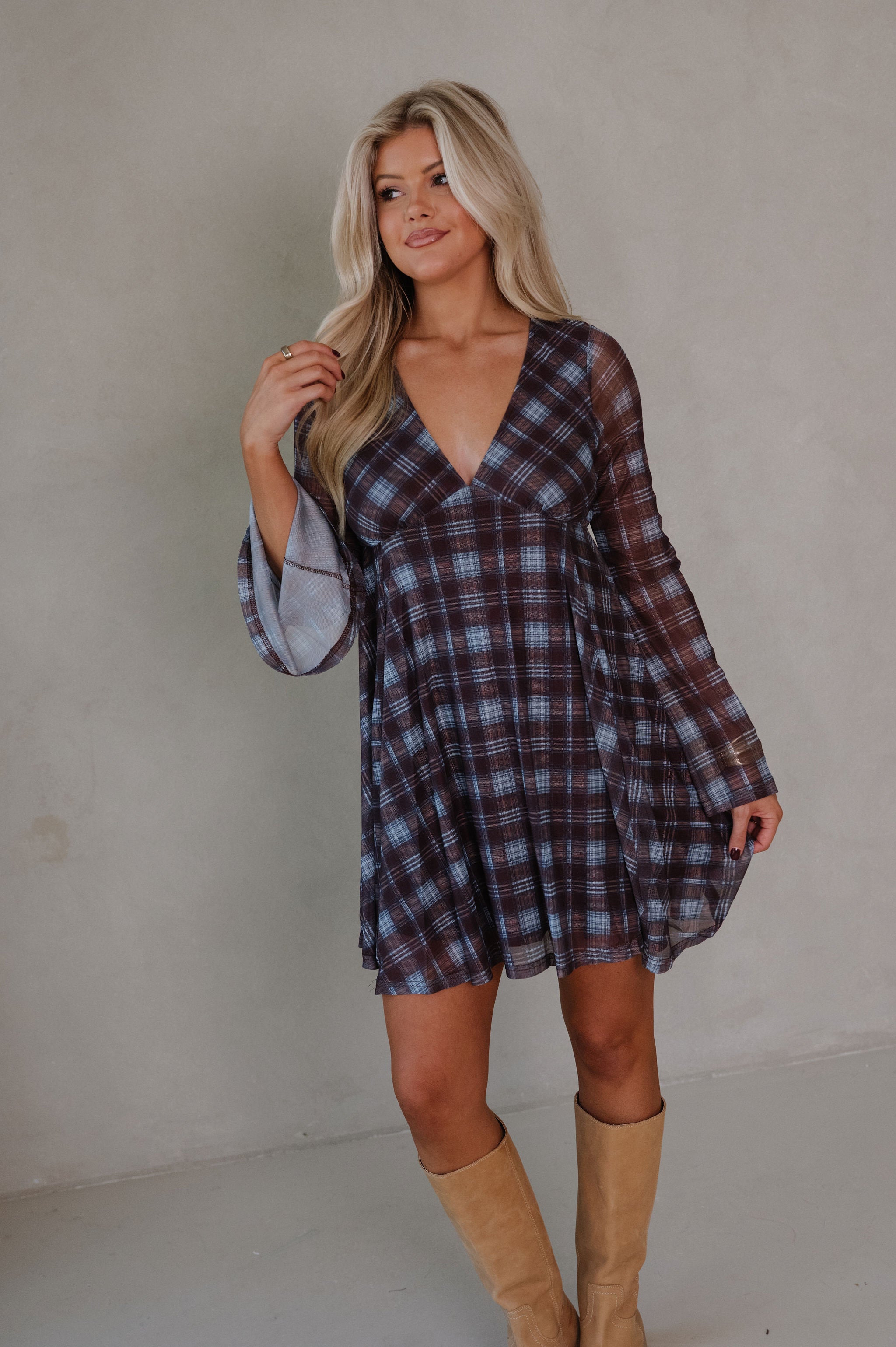 Hannah Bell Sleeve Dress- Brown/Blue