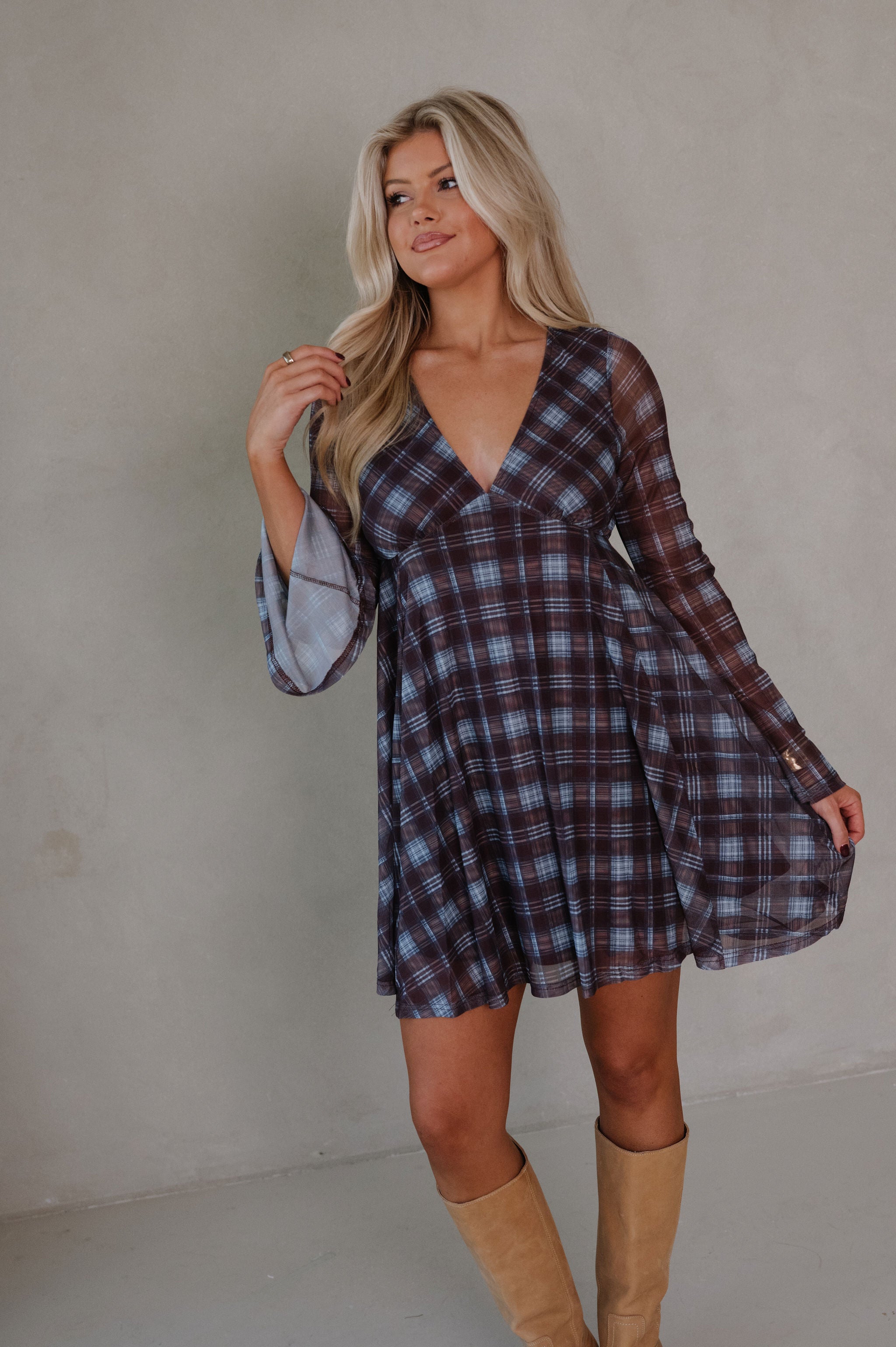 Hannah Bell Sleeve Dress- Brown/Blue