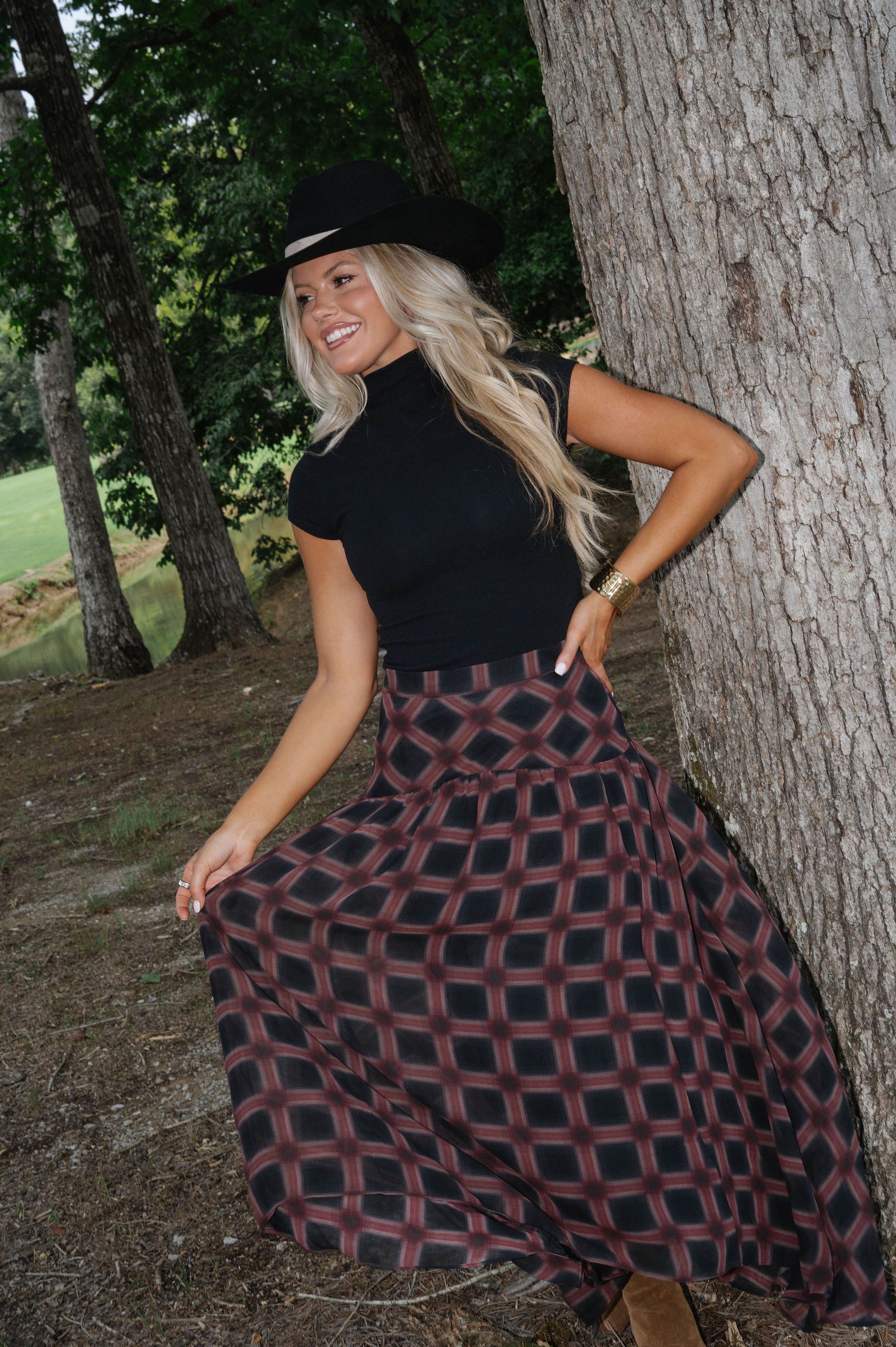 Plaid Chiffon Layered Maxi Skirt-Black Multi