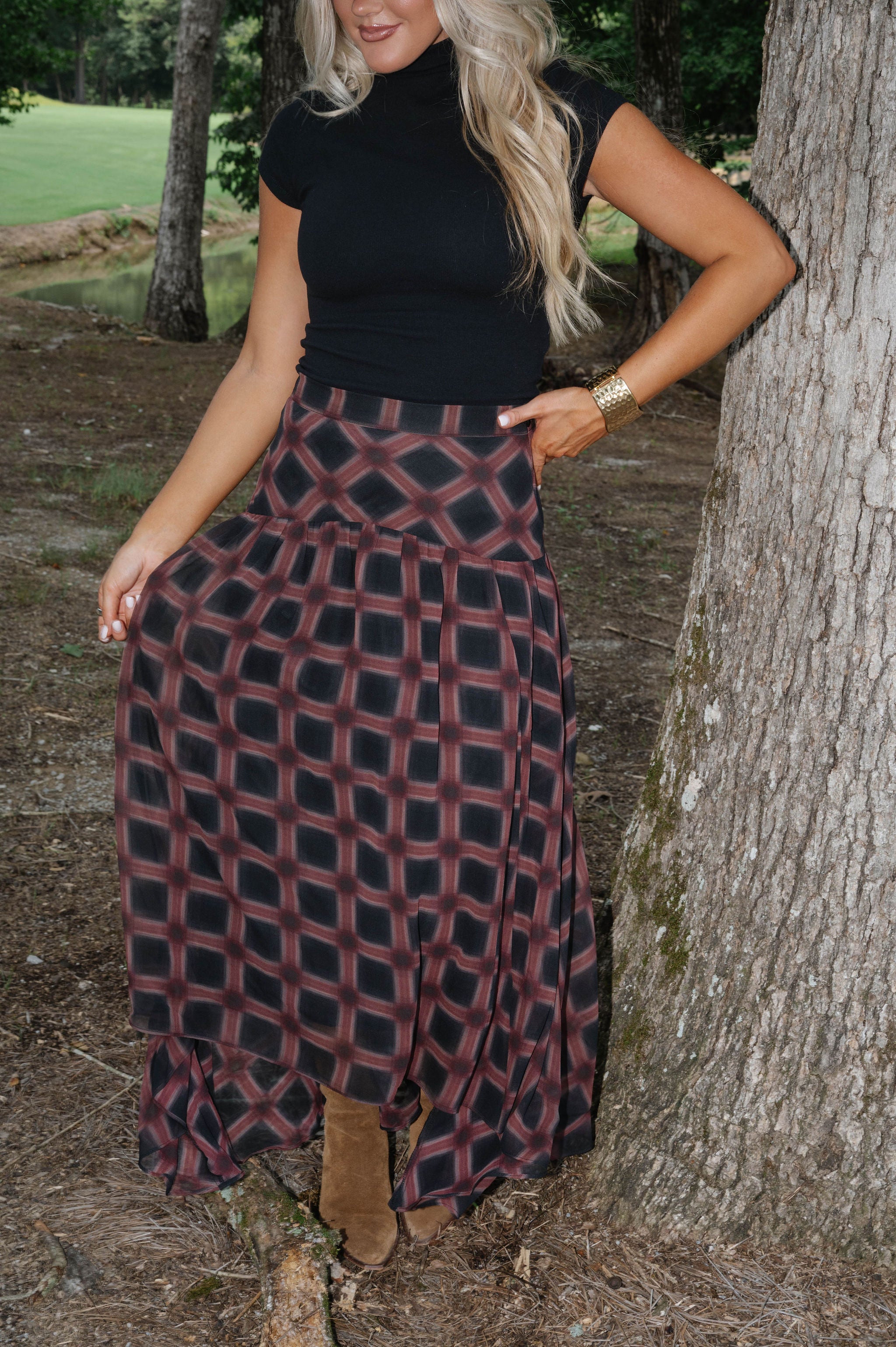 Plaid Chiffon Layered Maxi Skirt-Black Multi