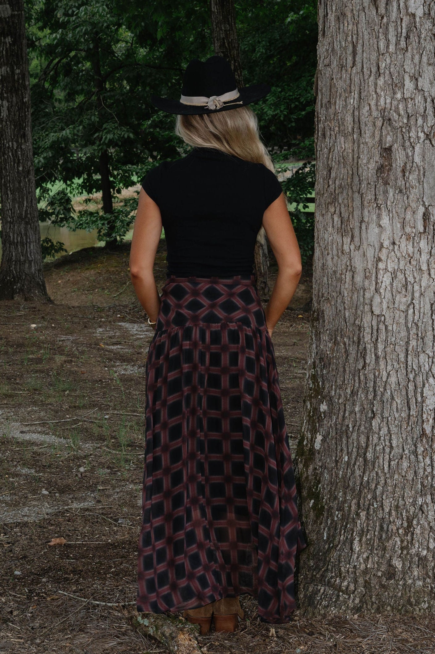 Plaid Chiffon Layered Maxi Skirt-Black Multi