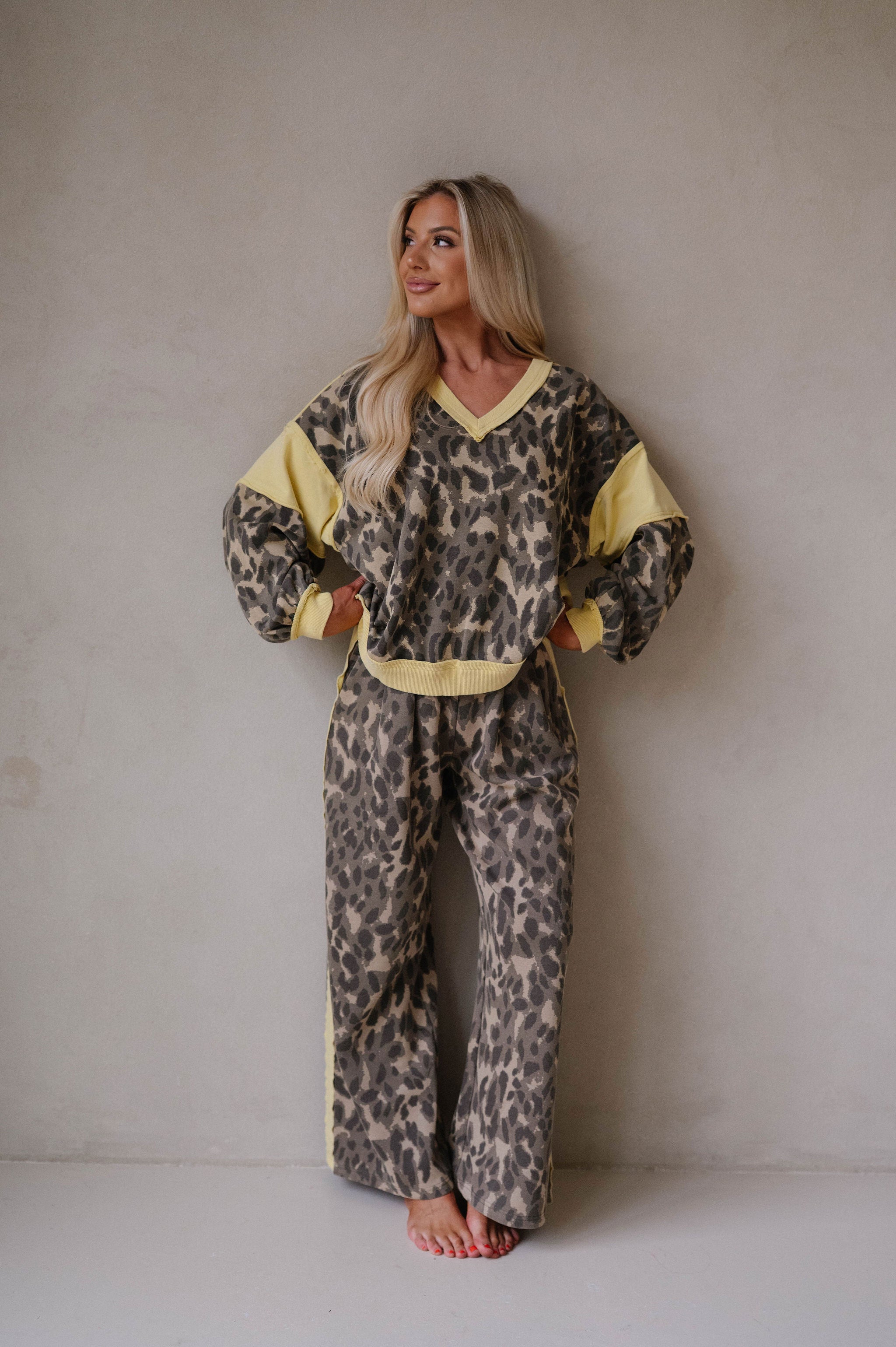 Cheetah Print Wide Leg Sweatpants-Dark Olive/Honey