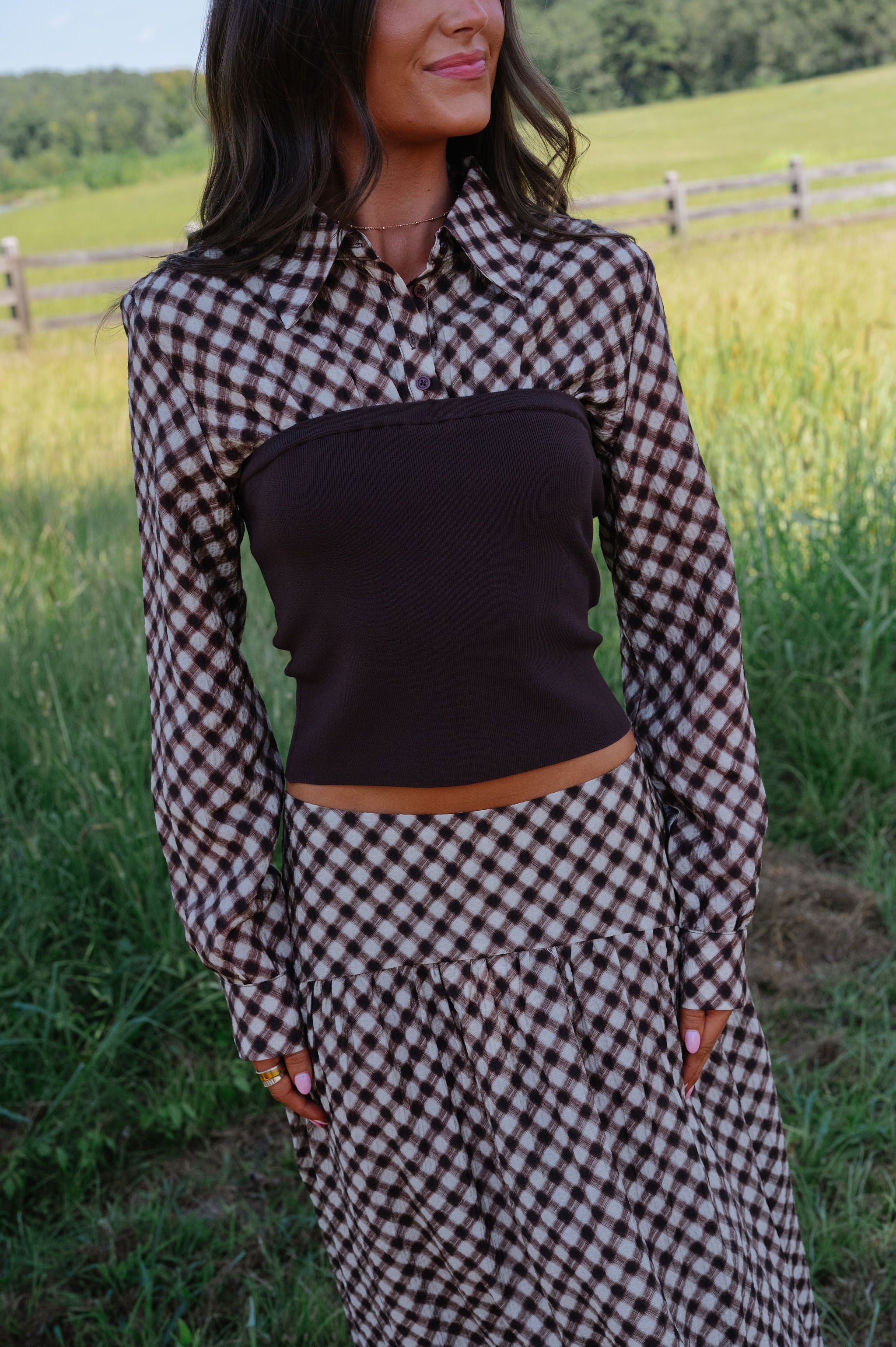 Mixed Media Collared Top-Espresso