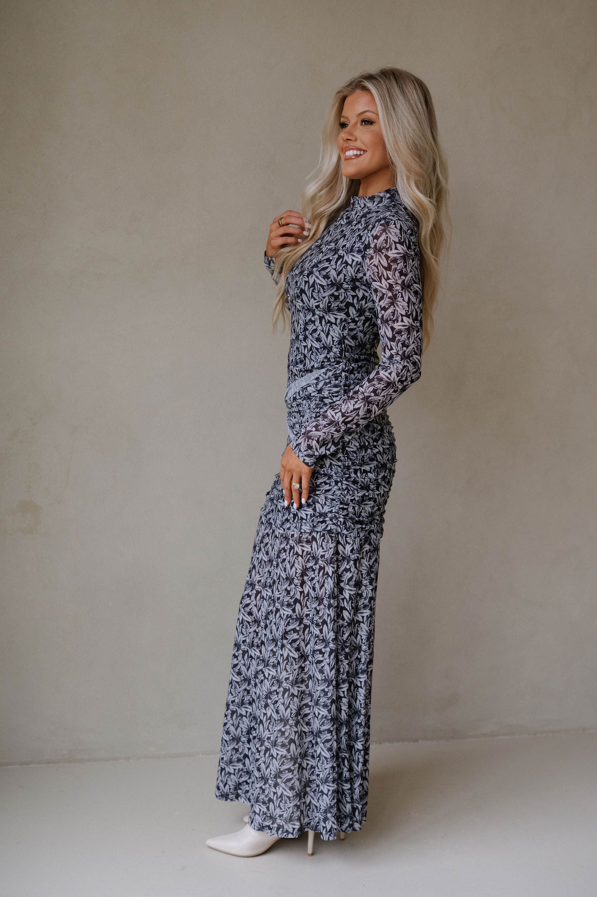 Floral Mesh Ruched Maxi Dress-Black