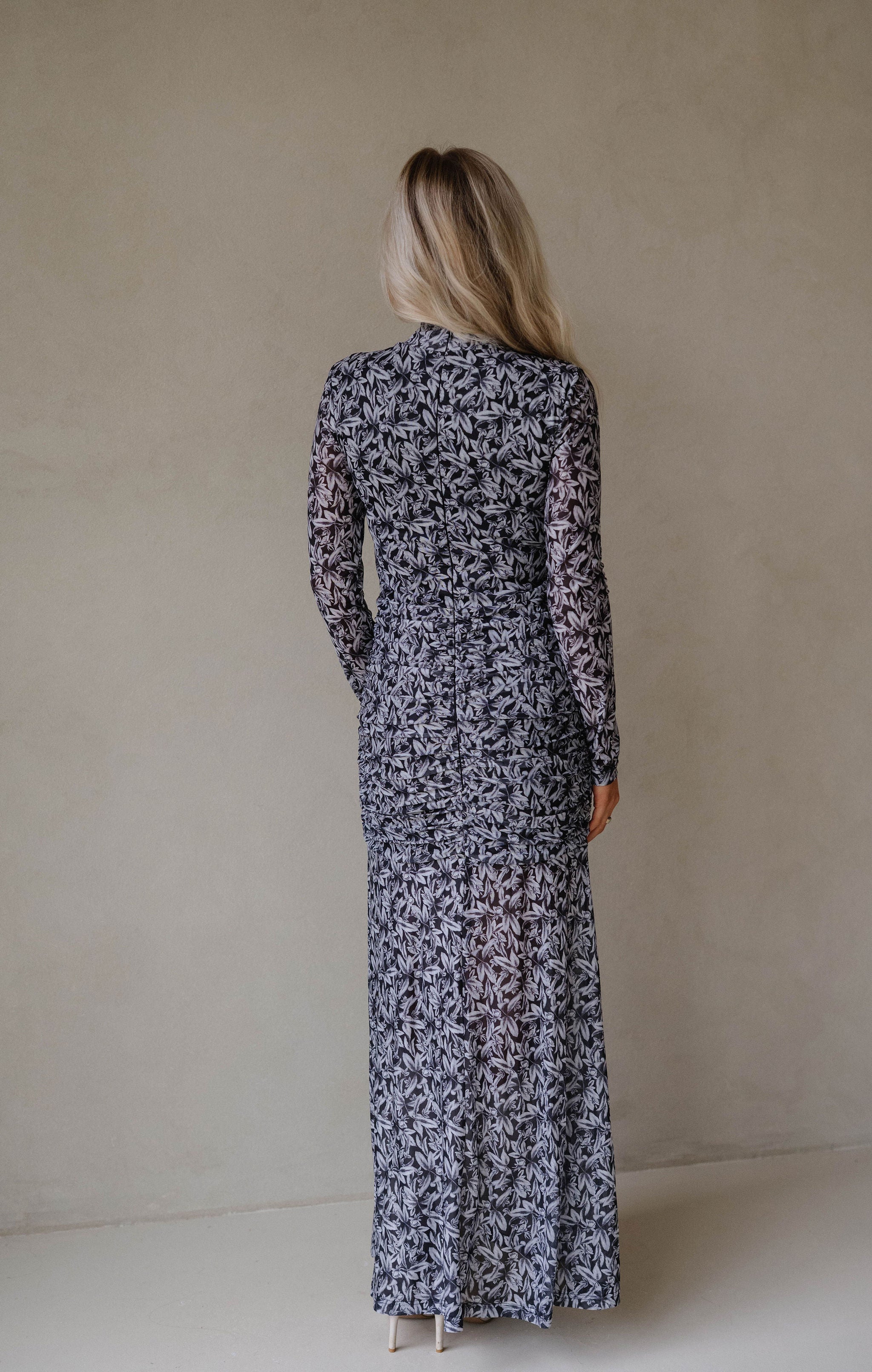 Floral Mesh Ruched Maxi Dress-Black