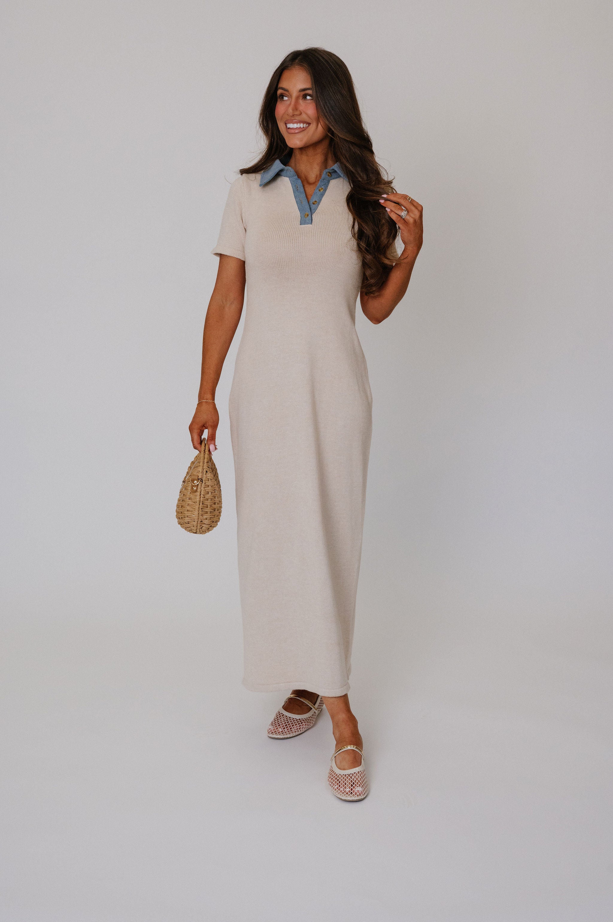 Collared Sweater Knit Maxi Dress-Cream