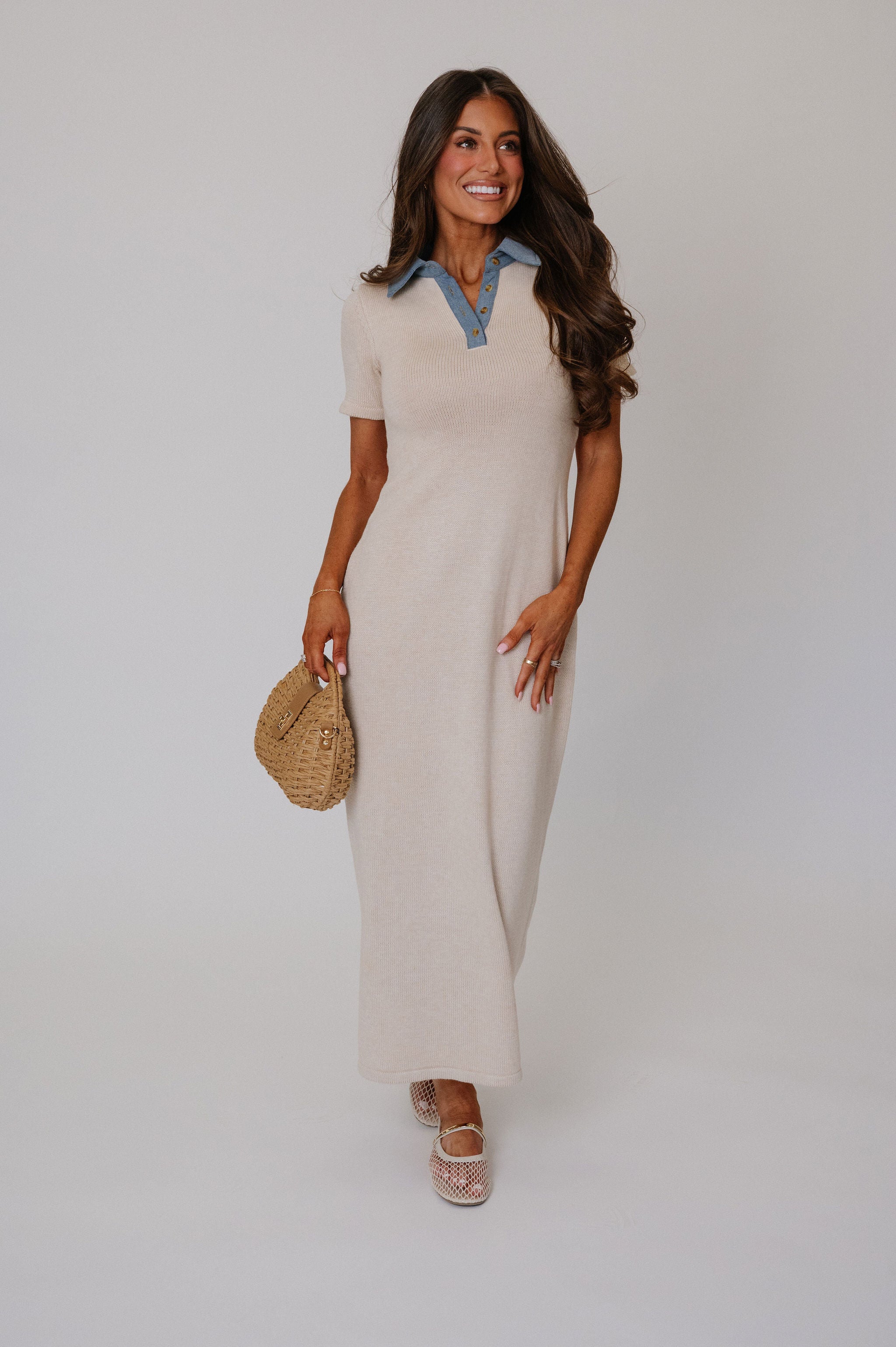 Collared Sweater Knit Maxi Dress-Cream