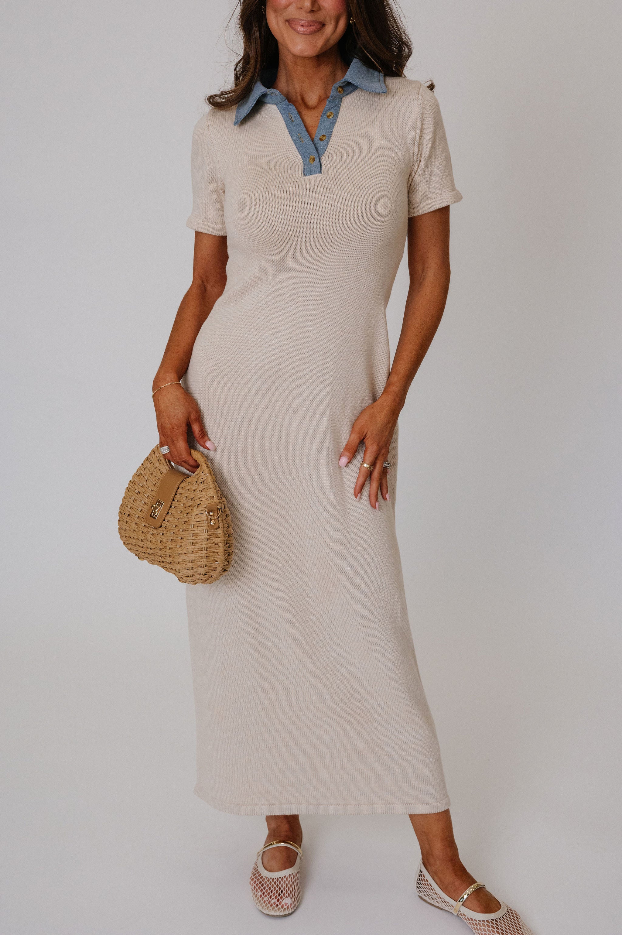 Collared Sweater Knit Maxi Dress-Cream