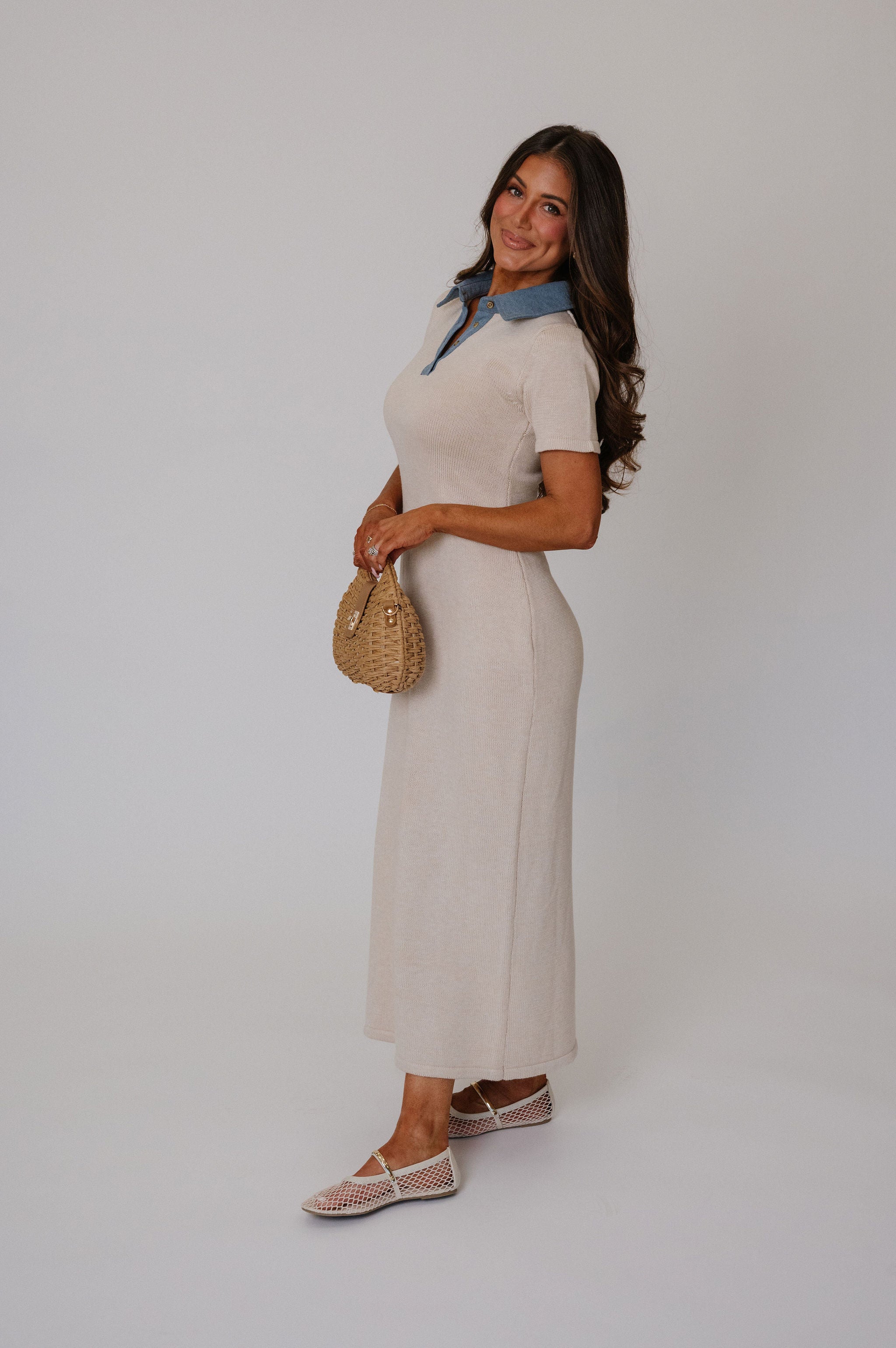 Collared Sweater Knit Maxi Dress-Cream